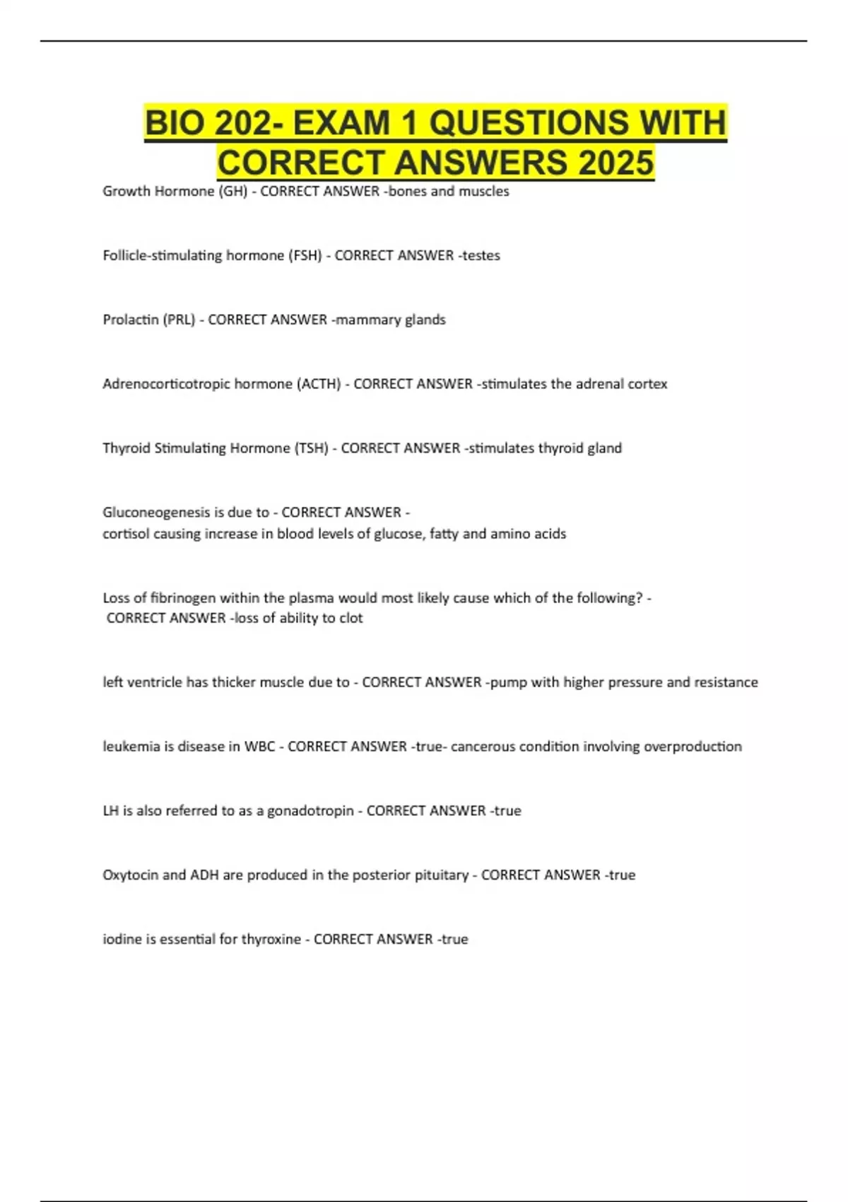 BIO 202- EXAM 1 QUESTIONS WITH CORRECT ANSWERS 2025 - BIO 202 - Stuvia US