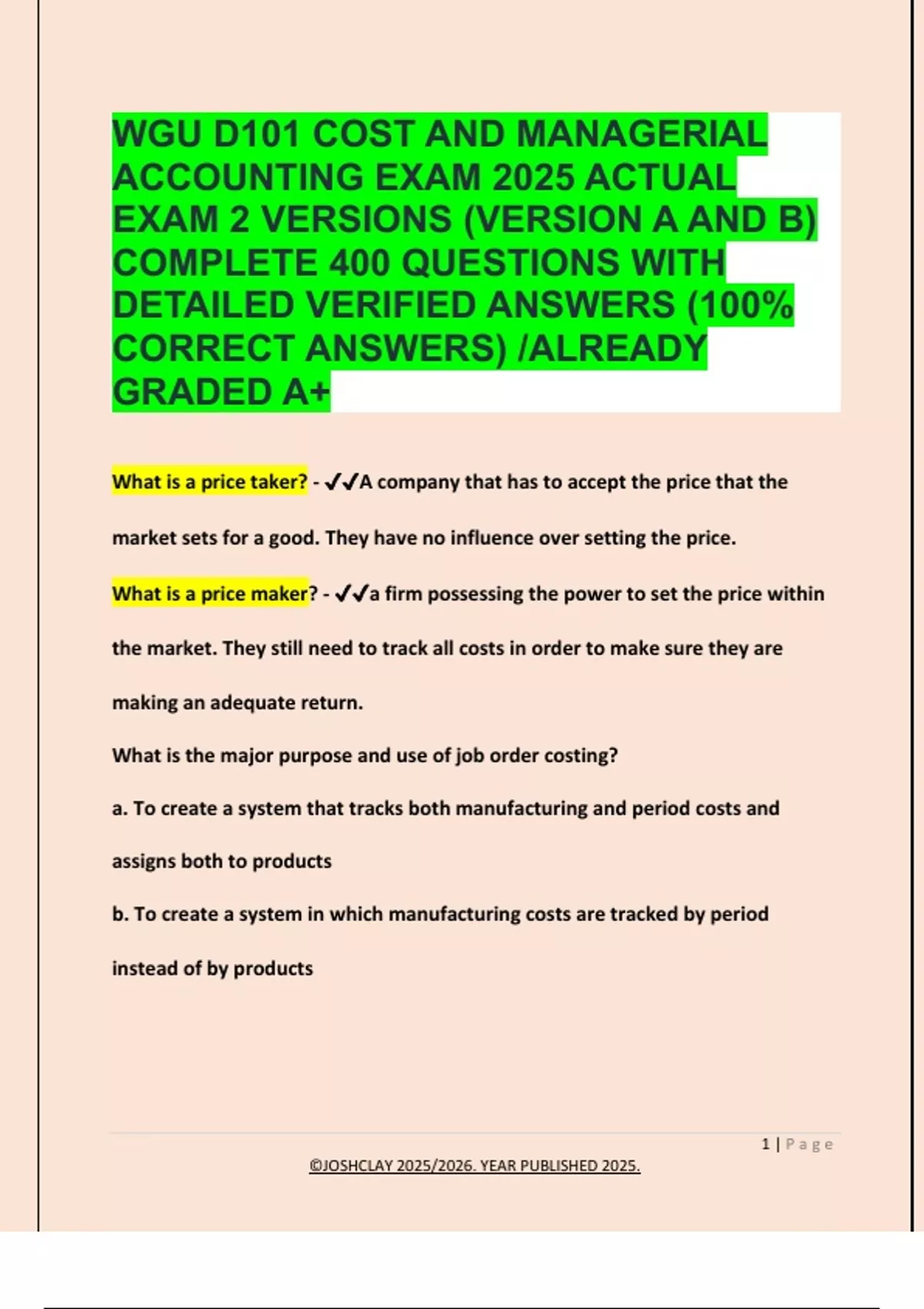 WGU D101 COST AND MANAGERIAL ACCOUNTING EXAM 2025 ACTUAL EXAM 2 ...