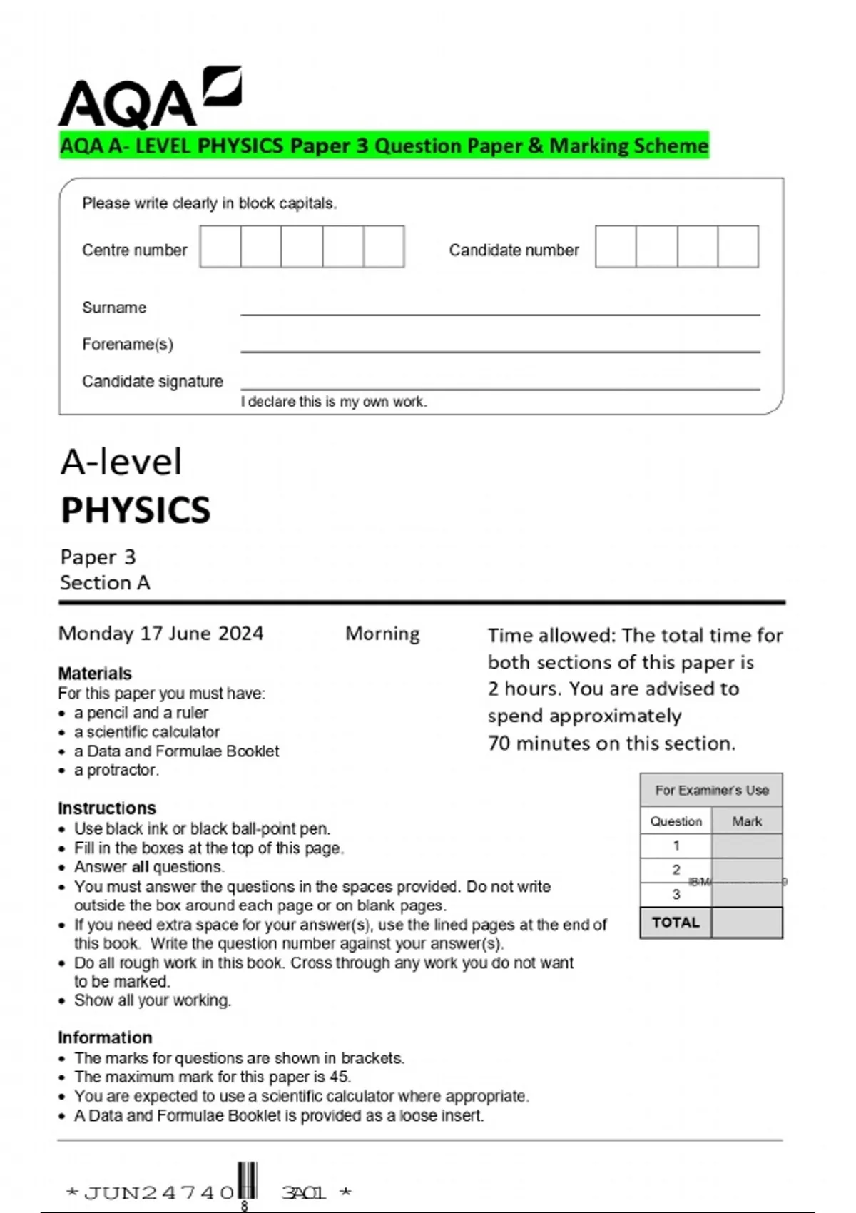 2024 AQA A- LEVEL PHYSICS Paper 3 Question Paper & Marking Scheme - AQA ...