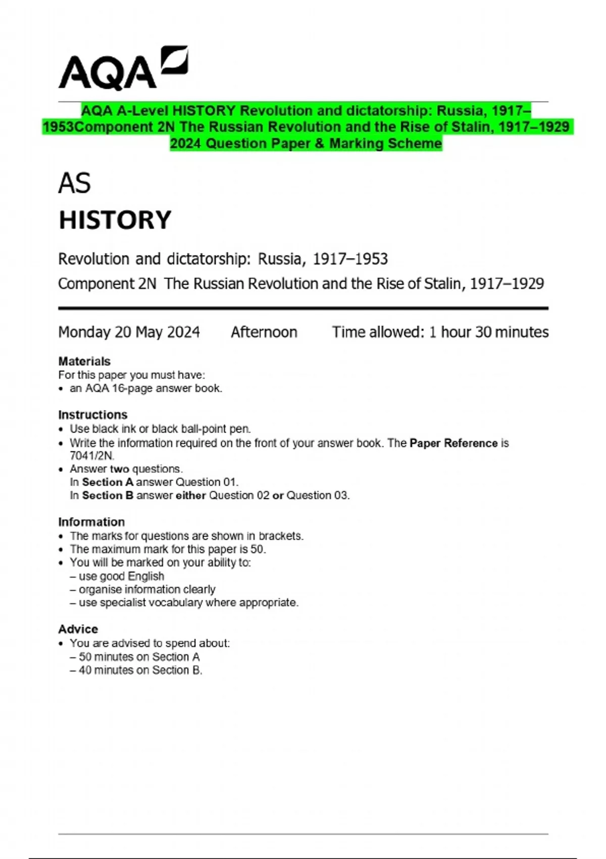 2024 AQA A-Level HISTORY Revolution and dictatorship: Russia, Component ...