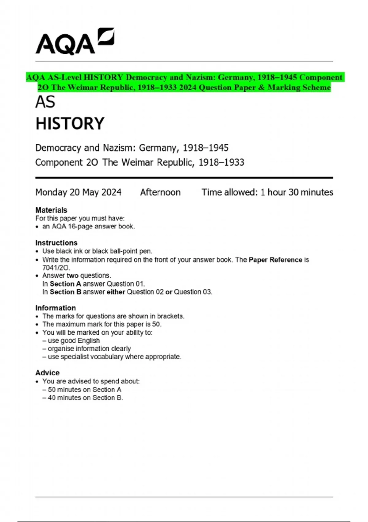 2024 AQA AS-Level HISTORY Democracy and Nazism: Germany, 1918–1945 ...