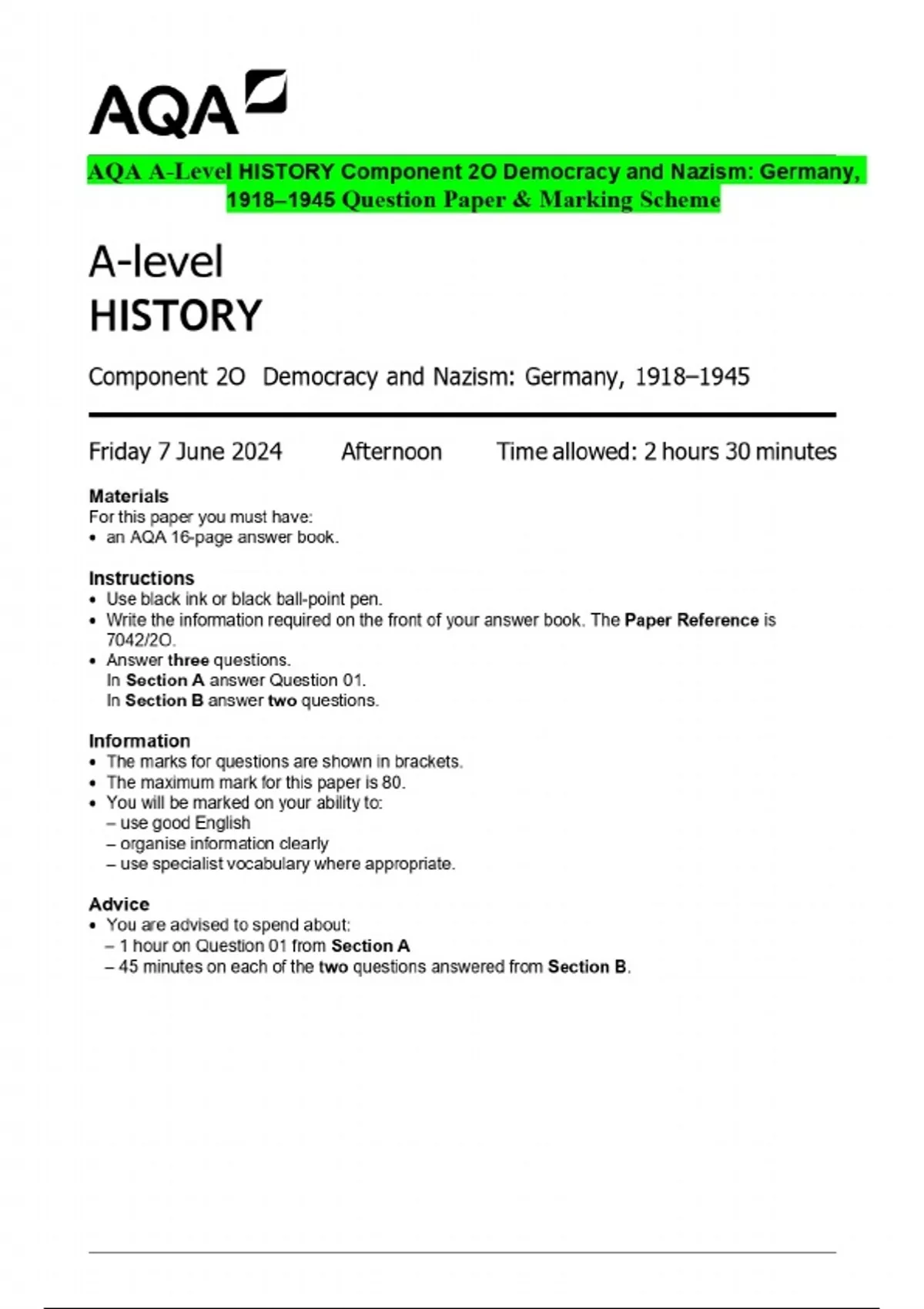 2024 AQA A-Level HISTORY Component 2O Democracy and Nazism: Germany ...
