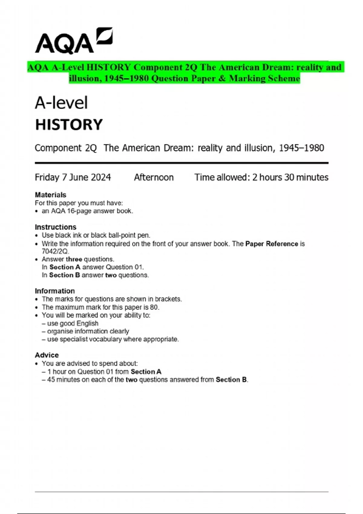 2024 AQA A-Level HISTORY Component 2Q The American Dream: reality and ...