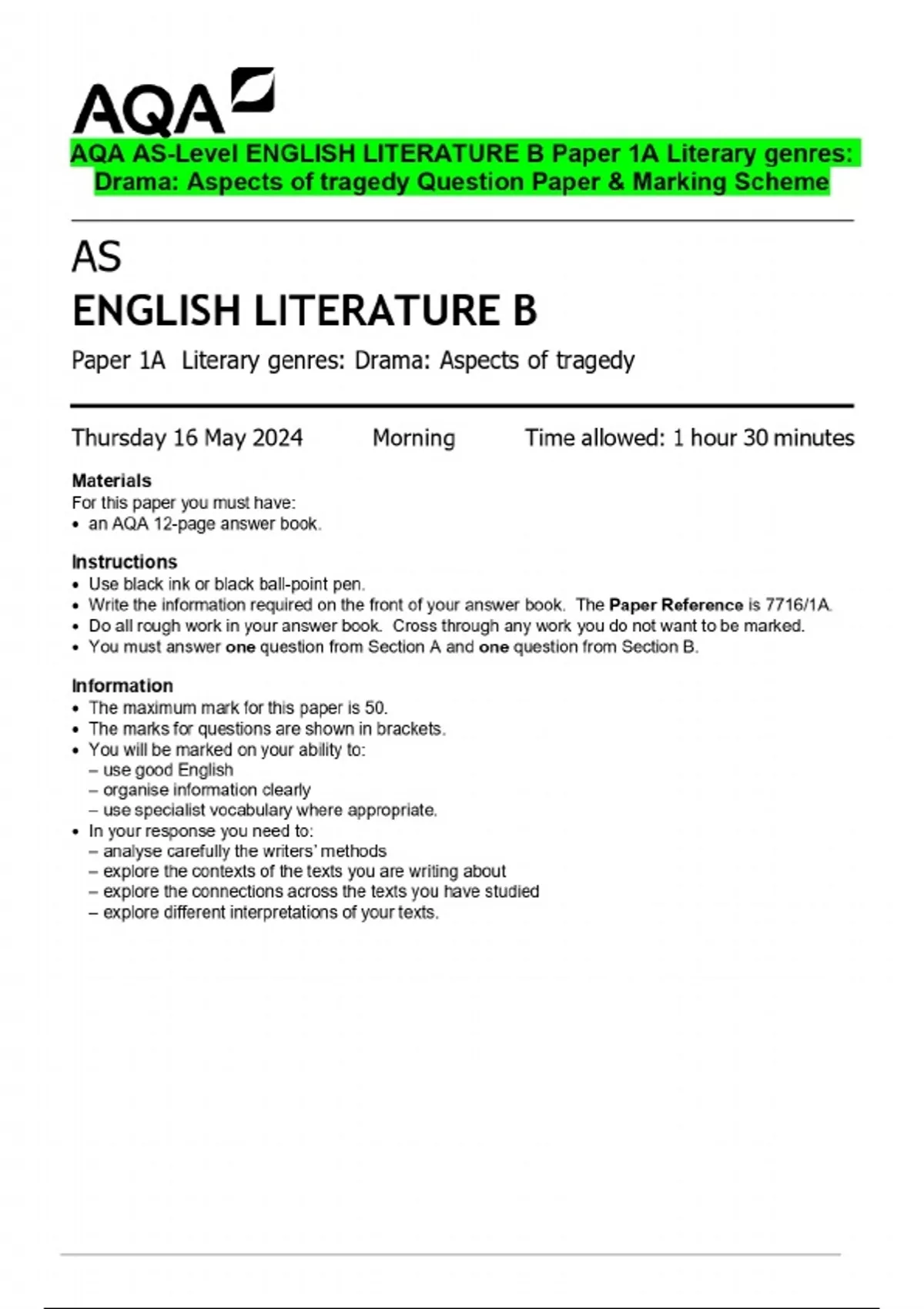 2024 AQA AS-Level ENGLISH LITERATURE B Paper 1A Literary genres: Drama ...