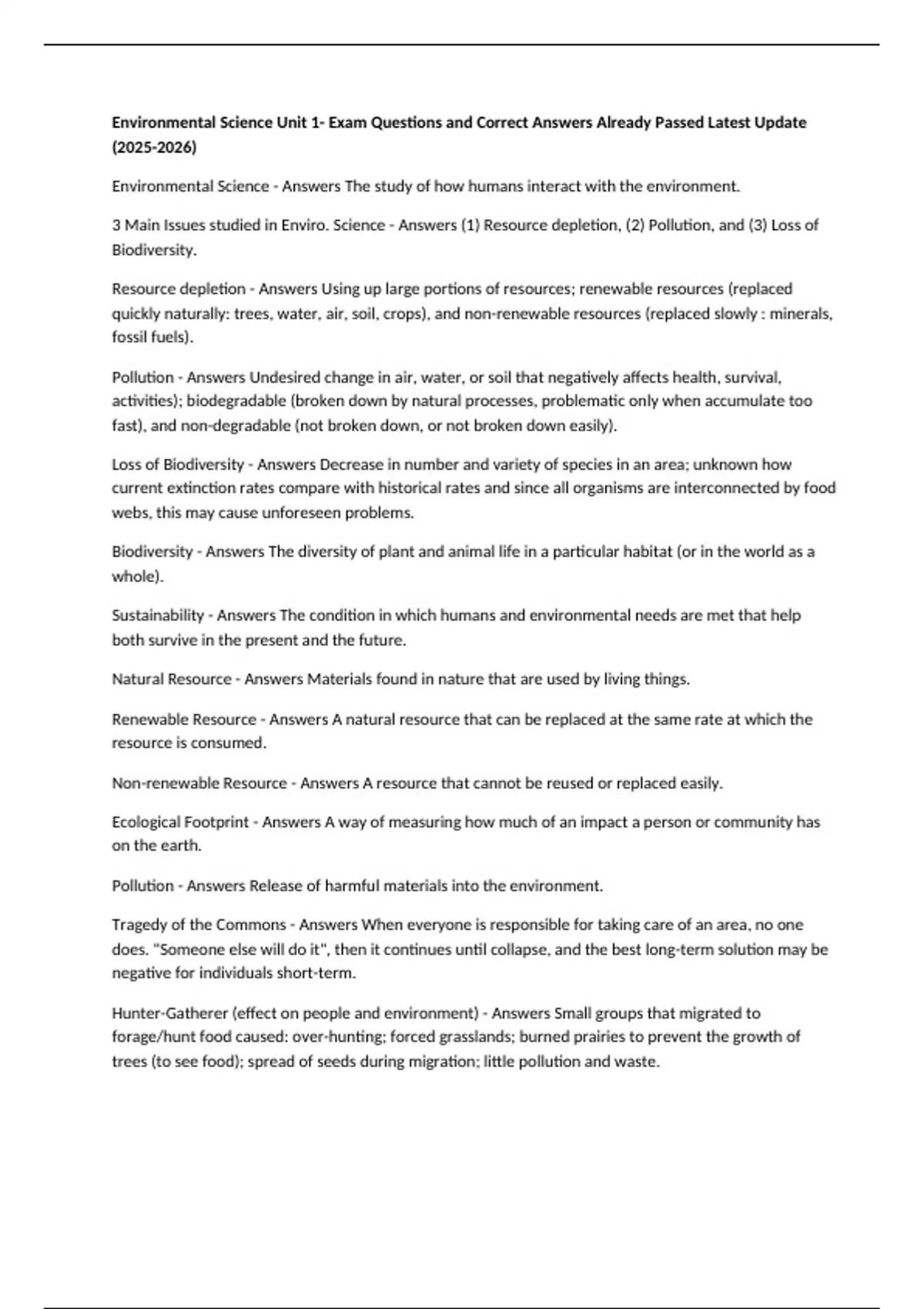 Environmental Science Unit 1- Exam Questions and Correct Answers ...