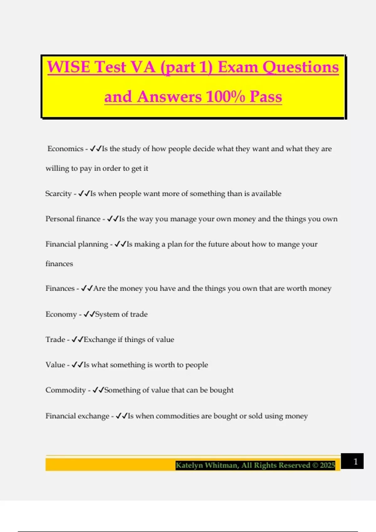 WISE Test VA (part 1) Exam Questions and Answers 100% Pass - WISE - Stuvia US