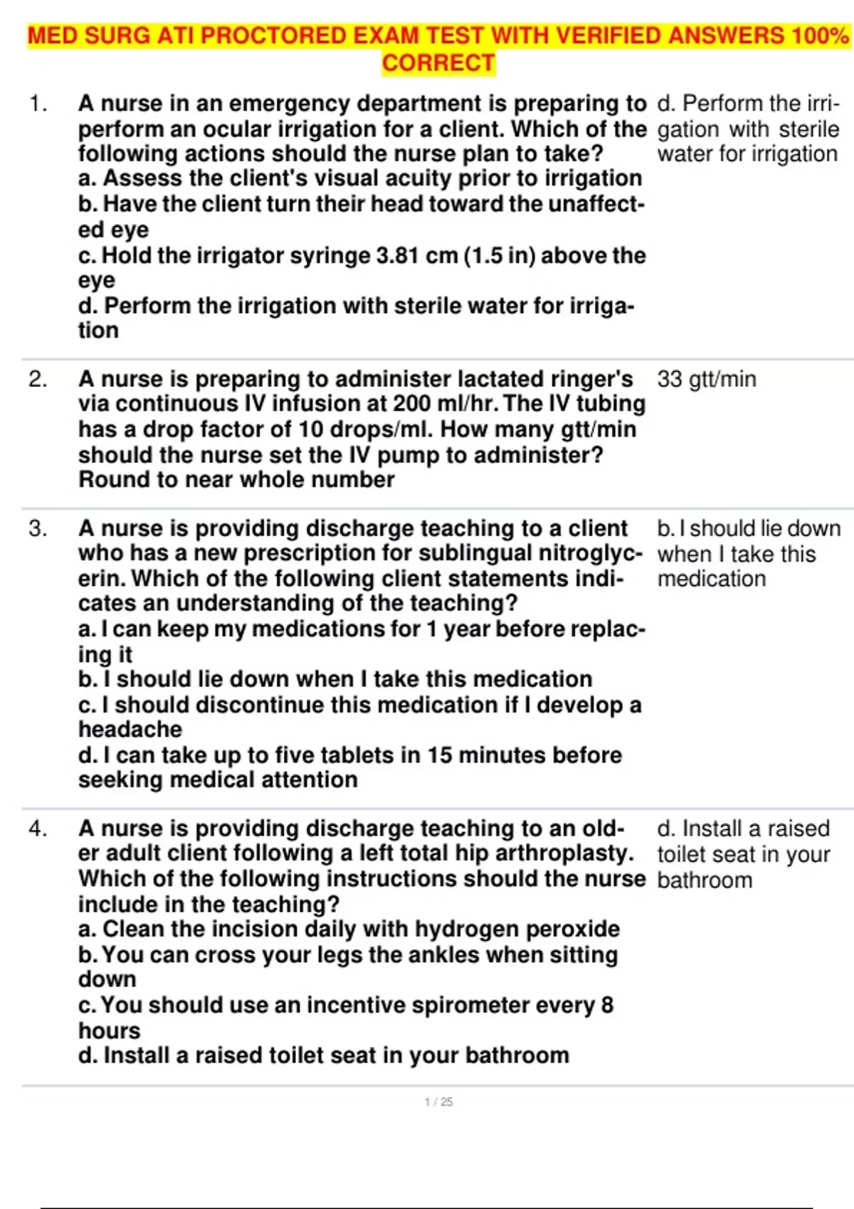 MED SURG ATI PROCTORED EXAM TEST WITH VERIFIED ANSWERS 100% CORRECT ...