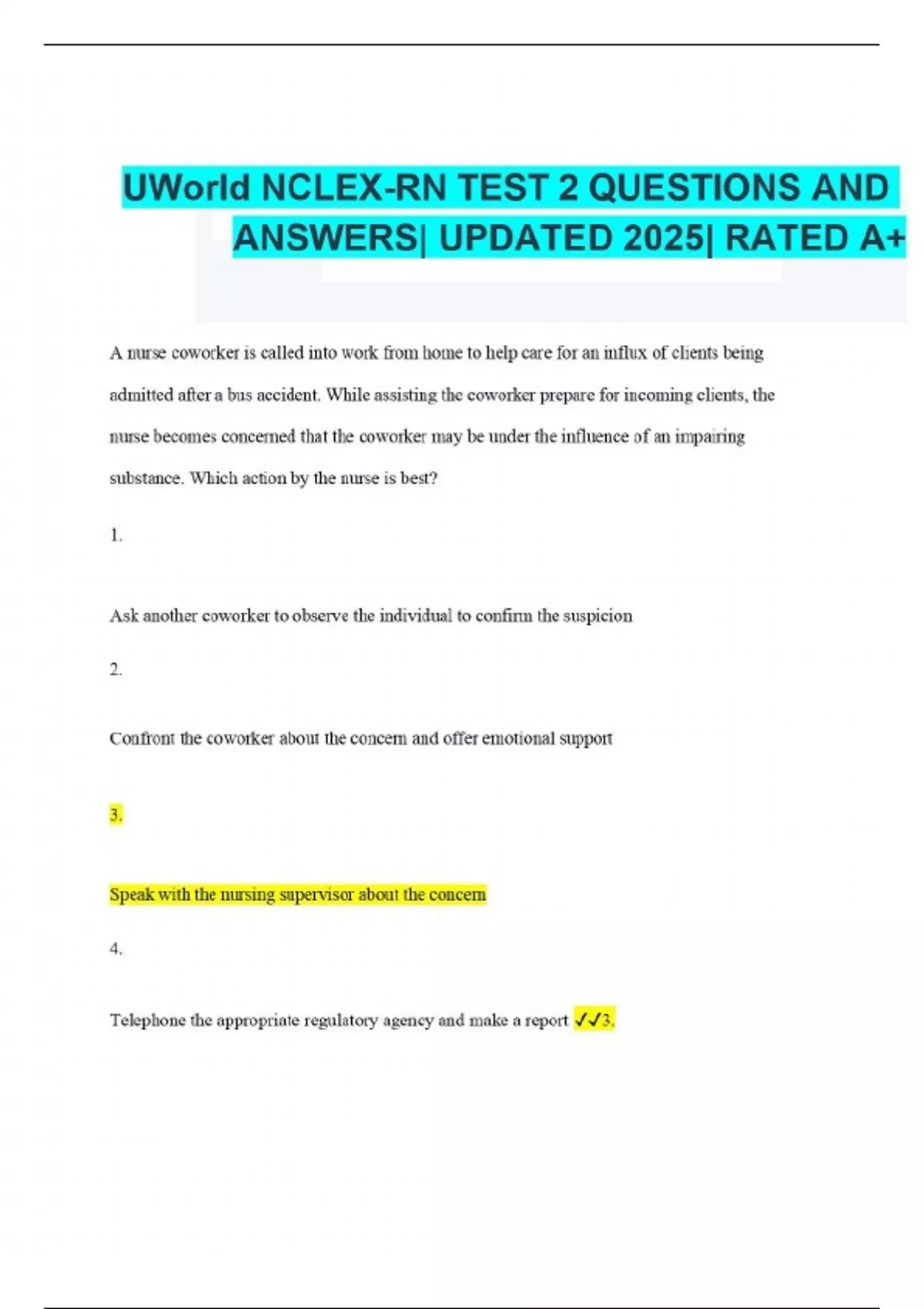 UWorld NCLEX-RN TEST 2 QUESTIONS AND ANSWERS| UPDATED 2025| RATED A+ ...