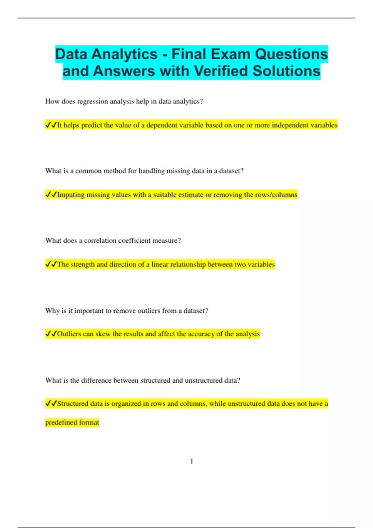 Data Analytics - Final Exam Questions and Answers with Verified ...