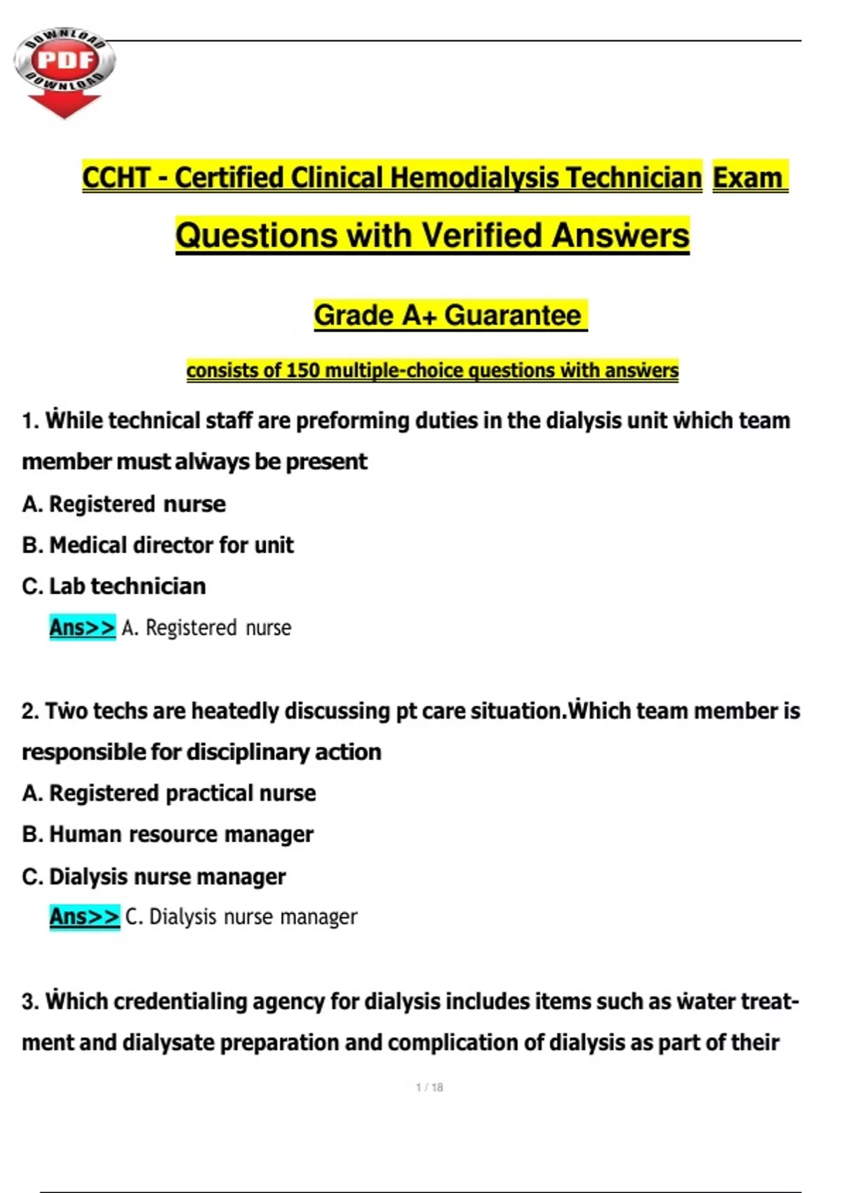 CCHT - Certified Clinical Hemodialysis Technician 2025 / 2026 Exam ...