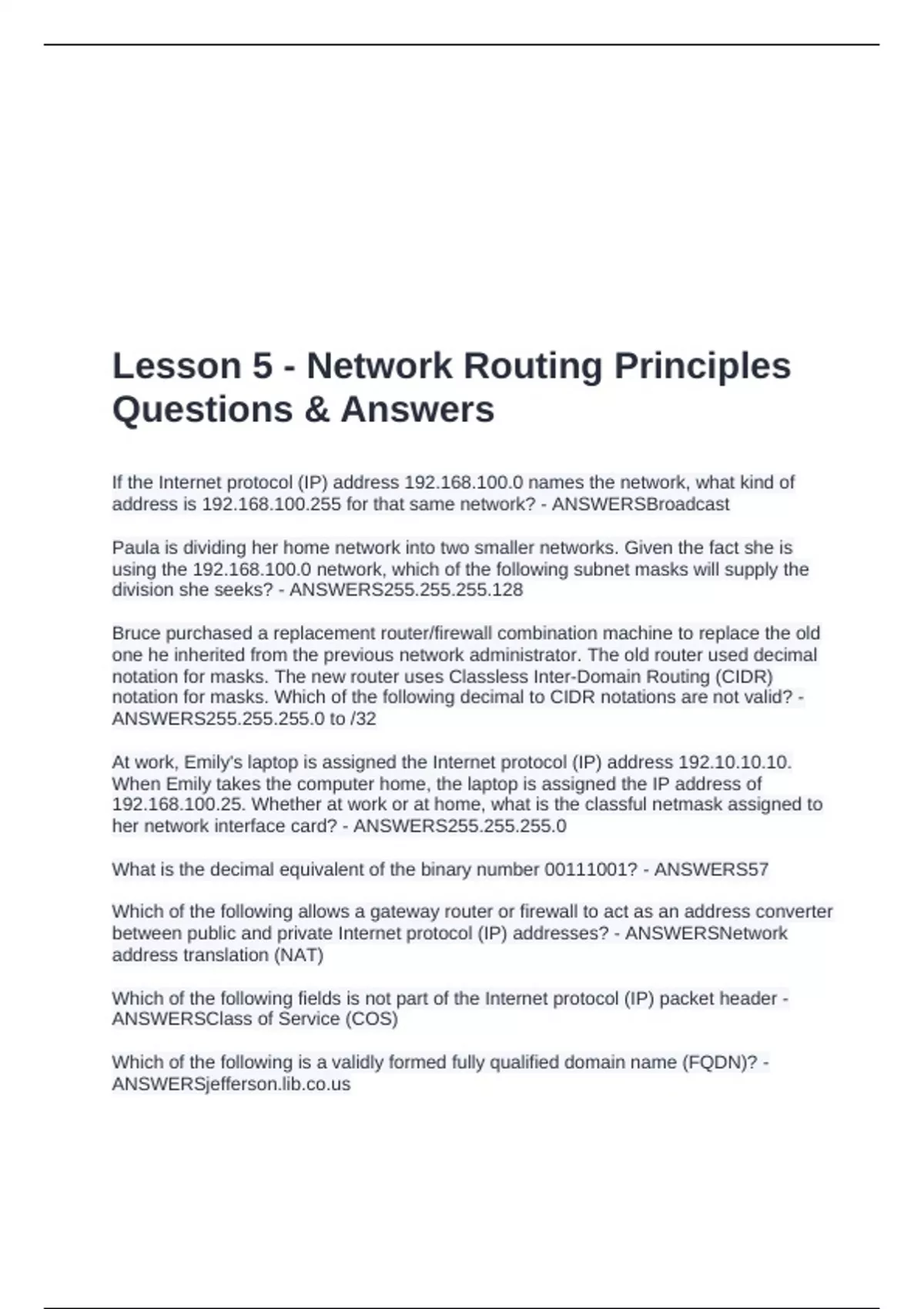 Lesson 5 - Network Routing Principles Questions & Answers - Lesson 5 ...