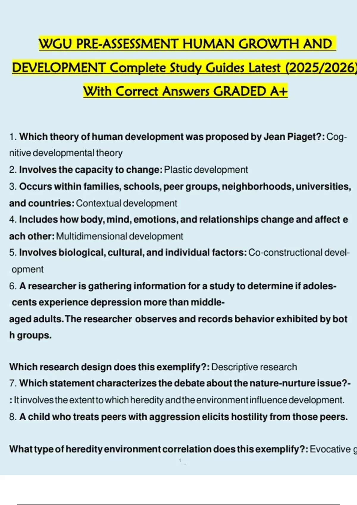 WGU PRE-ASSESSMENT HUMAN GROWTH AND DEVELOPMENT Complete Study Guides ...