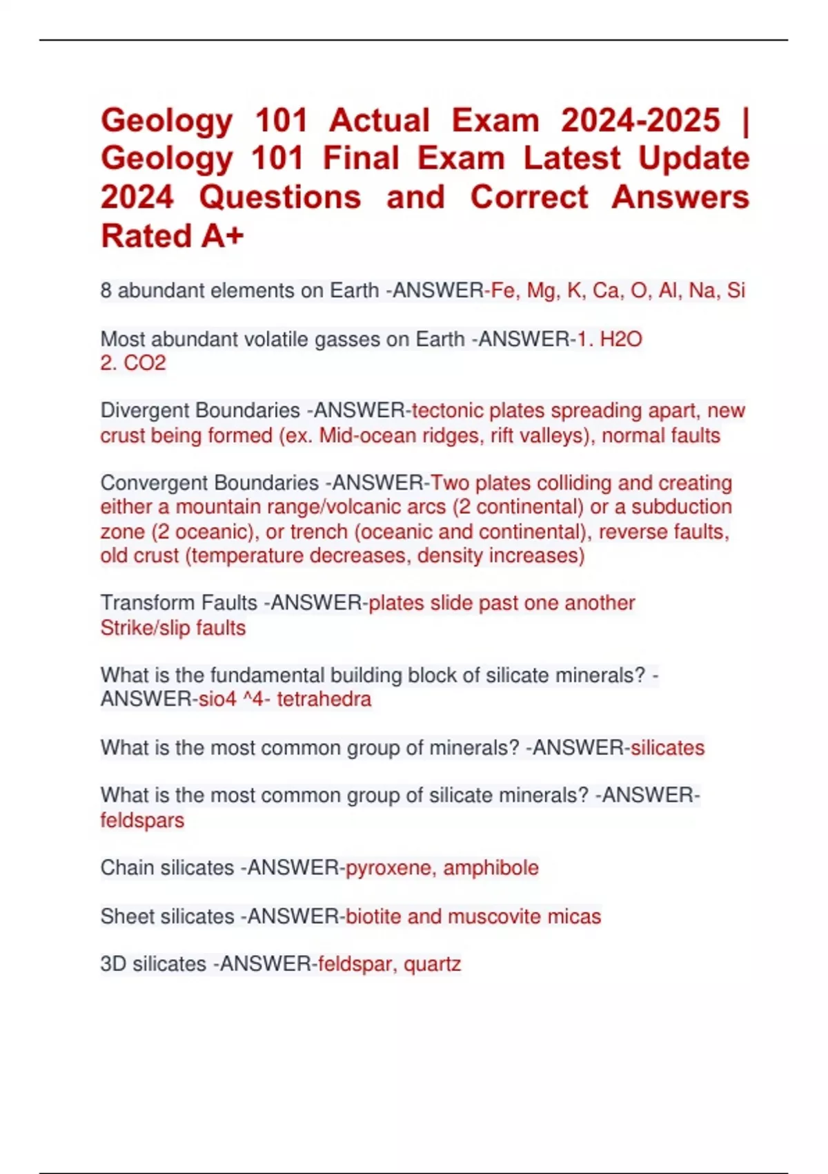 Geology 101 Actual Exam | Geology 101 Final Exam Latest Update 2024 ...