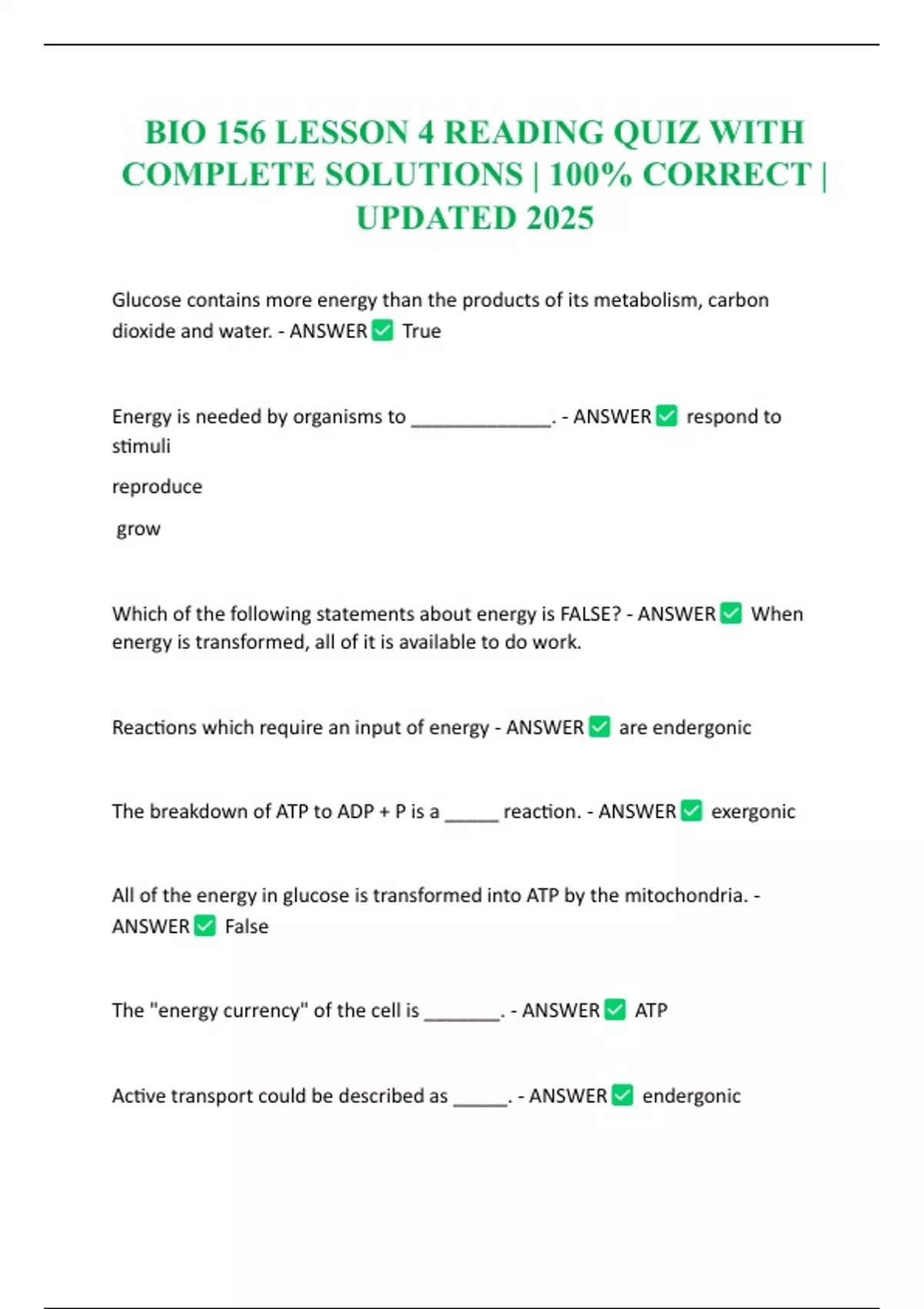 BIO 156 LESSON 4 READING QUIZ WITH COMPLETE SOLUTIONS | 100% CORRECT ...