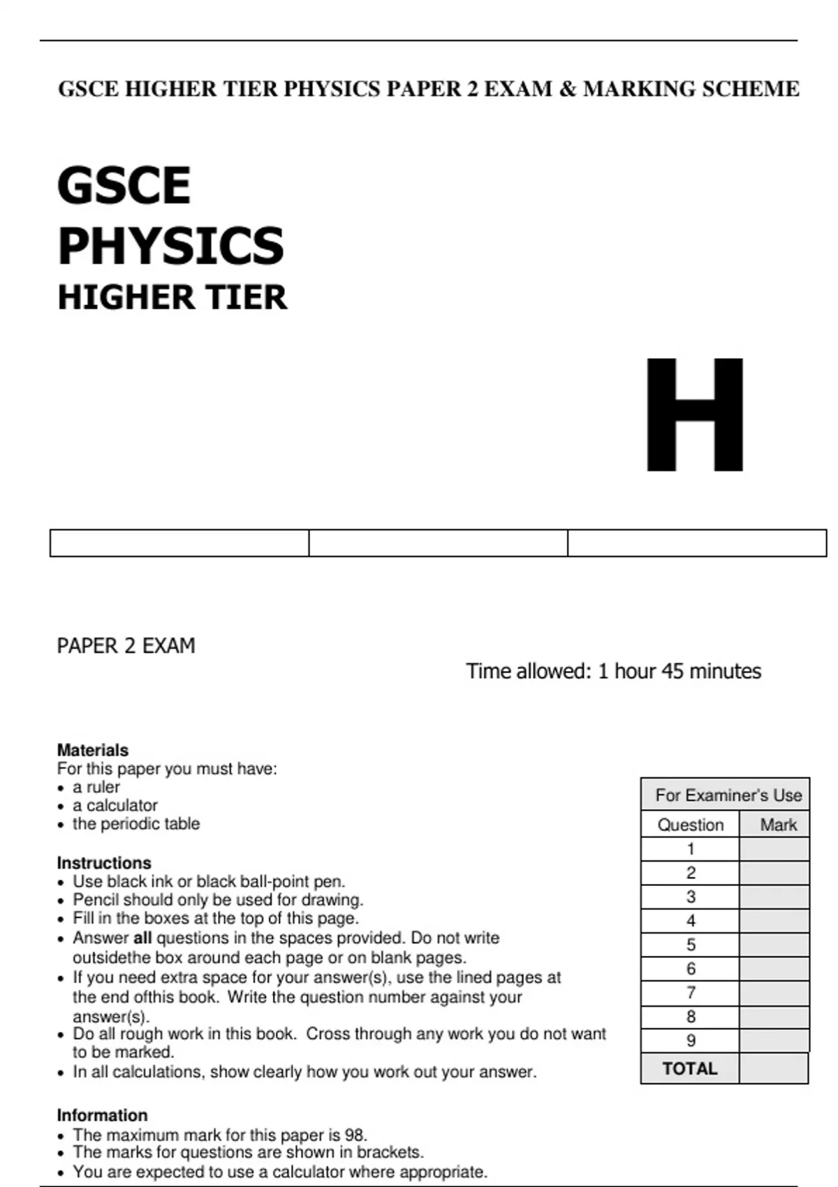 GSCE HIGHER TIER PHYSICS PAPER 2 EXAM & MARKING SCHEME - GSCE HIGHER ...