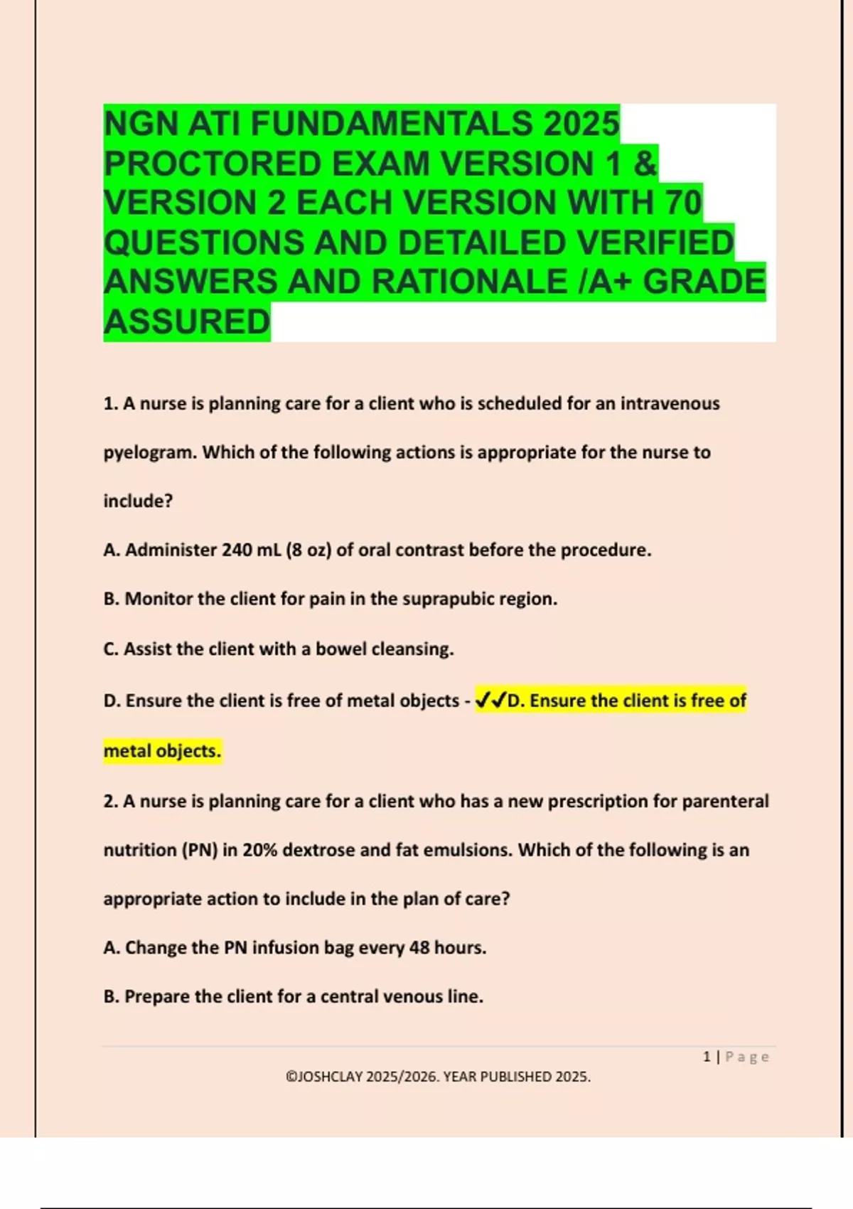 NGN ATI FUNDAMENTALS 2025 PROCTORED EXAM VERSION 1 & VERSION 2 EACH ...