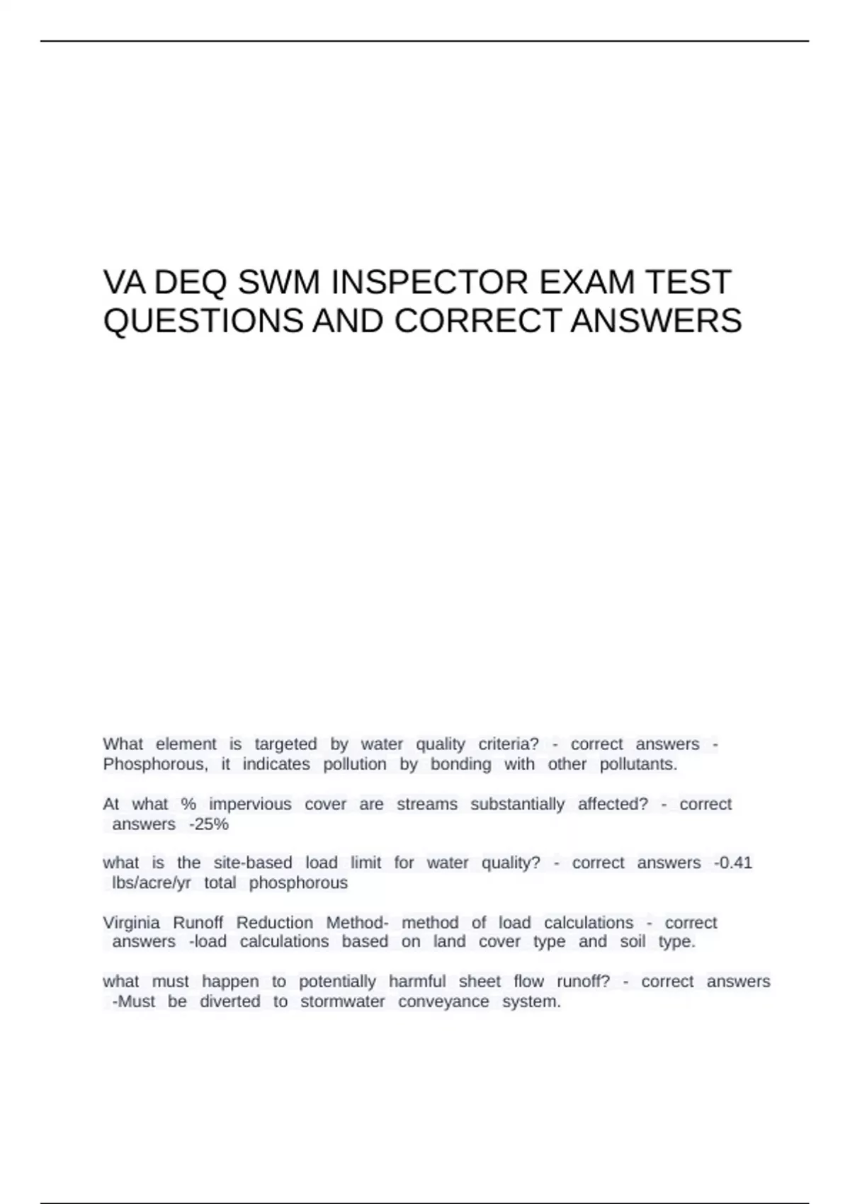 Swm Test VA DEQ SWM Inspector Exam Test Questions And Correct Answers - VA DEQ ...