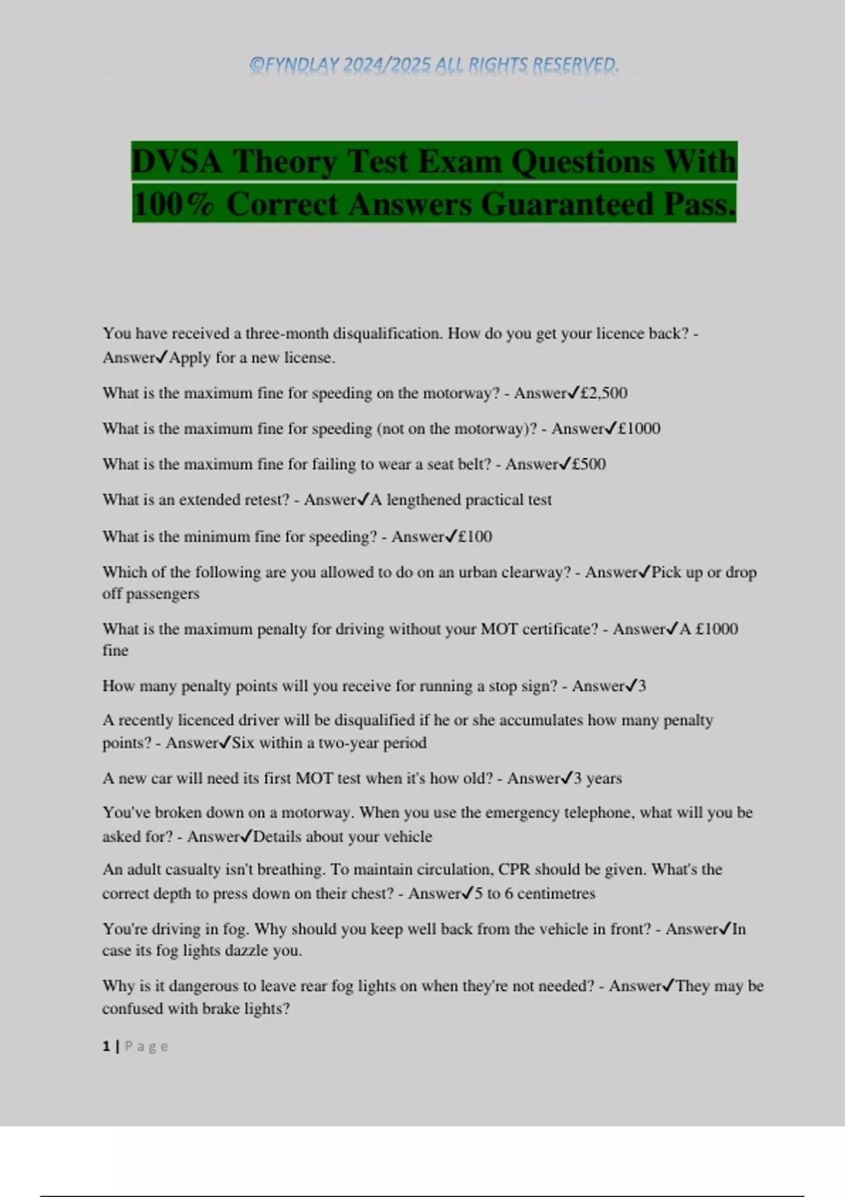 DVSA Theory Test Exam Questions With 100% Correct Answers Guaranteed ...