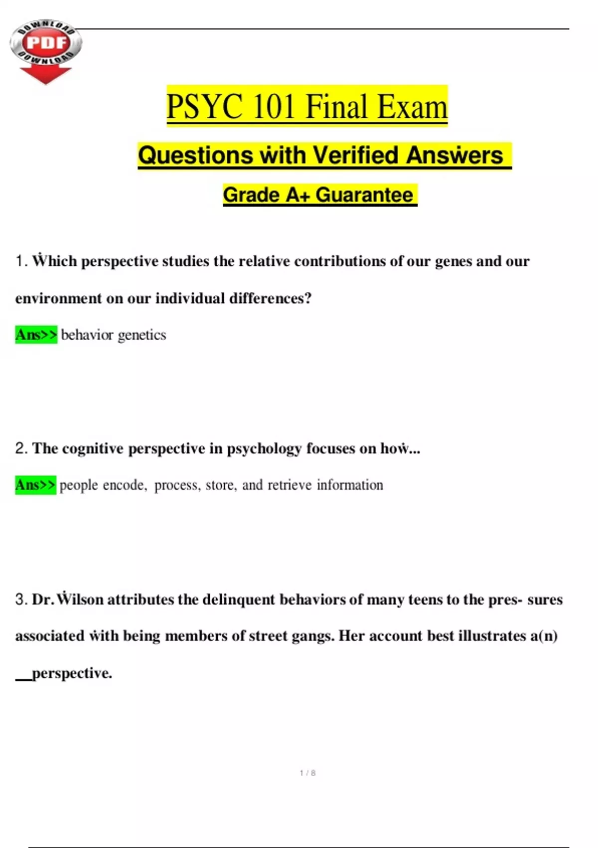 PSYC 101 Final Exam (2025 / 2026) Questions ẇith Verified Ansẇers Grade ...