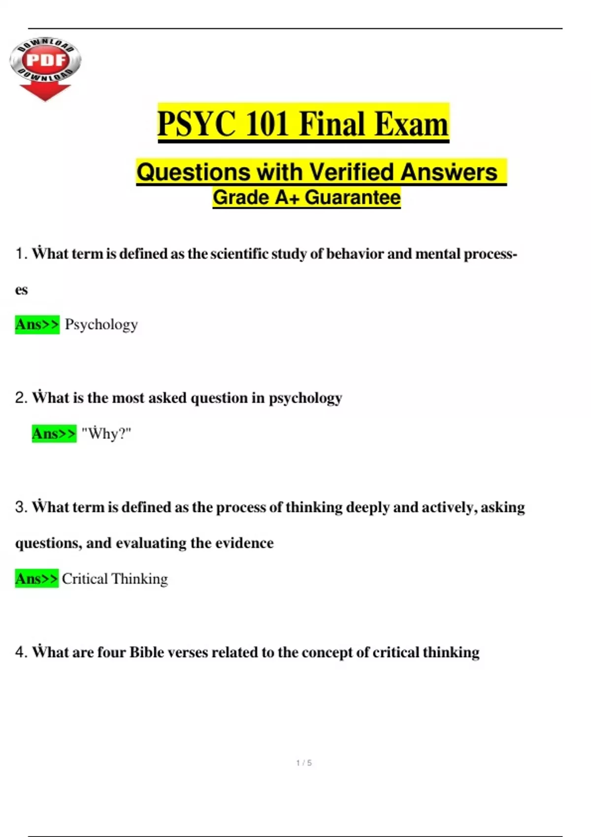 PSYC 101 Final Exam (2025 / 2026) Questions ẇith Verified Ansẇers Grade ...