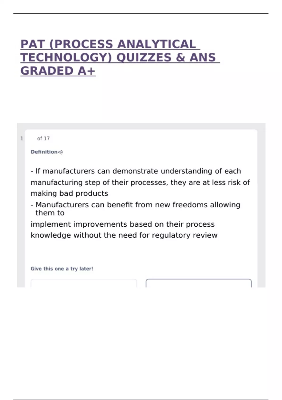 PAT (PROCESS ANALYTICAL TECHNOLOGY) QUIZZES & ANS GRADED A+ - PAT ...