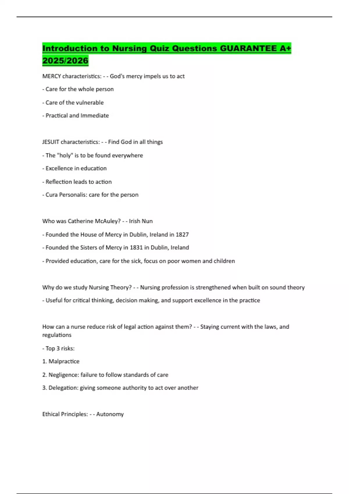 Introduction to Nursing Quiz Questions GUARANTEE A+ 2025/2026 ...