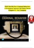 TEST BANK For Criminal Behavior&colon; A Psychological Approach 12th Edition &lpar;Bartol&rpar; Chapters 1 - 16&comma; Complete