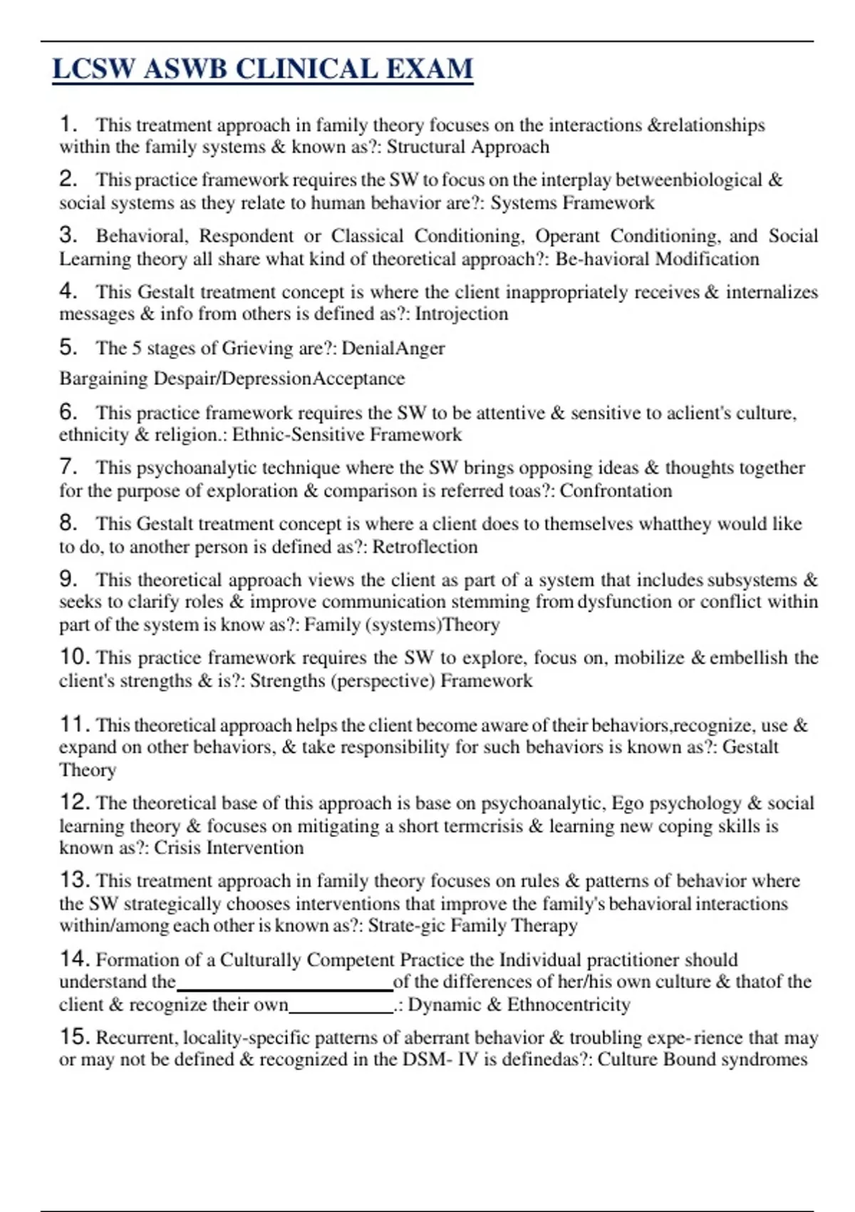 Example Lcsw Questions LCSW ASWB CLINICAL EXAM 2024/2025 | QUESTIONS WITH 100% VERIFIED ...