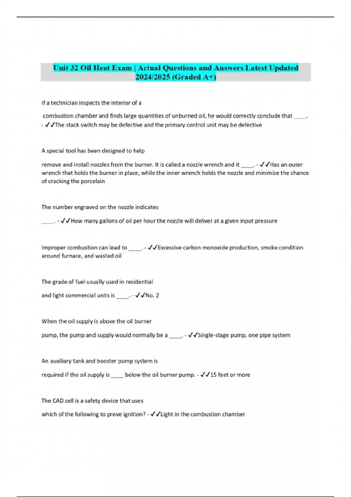 Unit 32 Oil Heat Exam | Actual Questions and Answers - Oil Heat Unit 32 ...