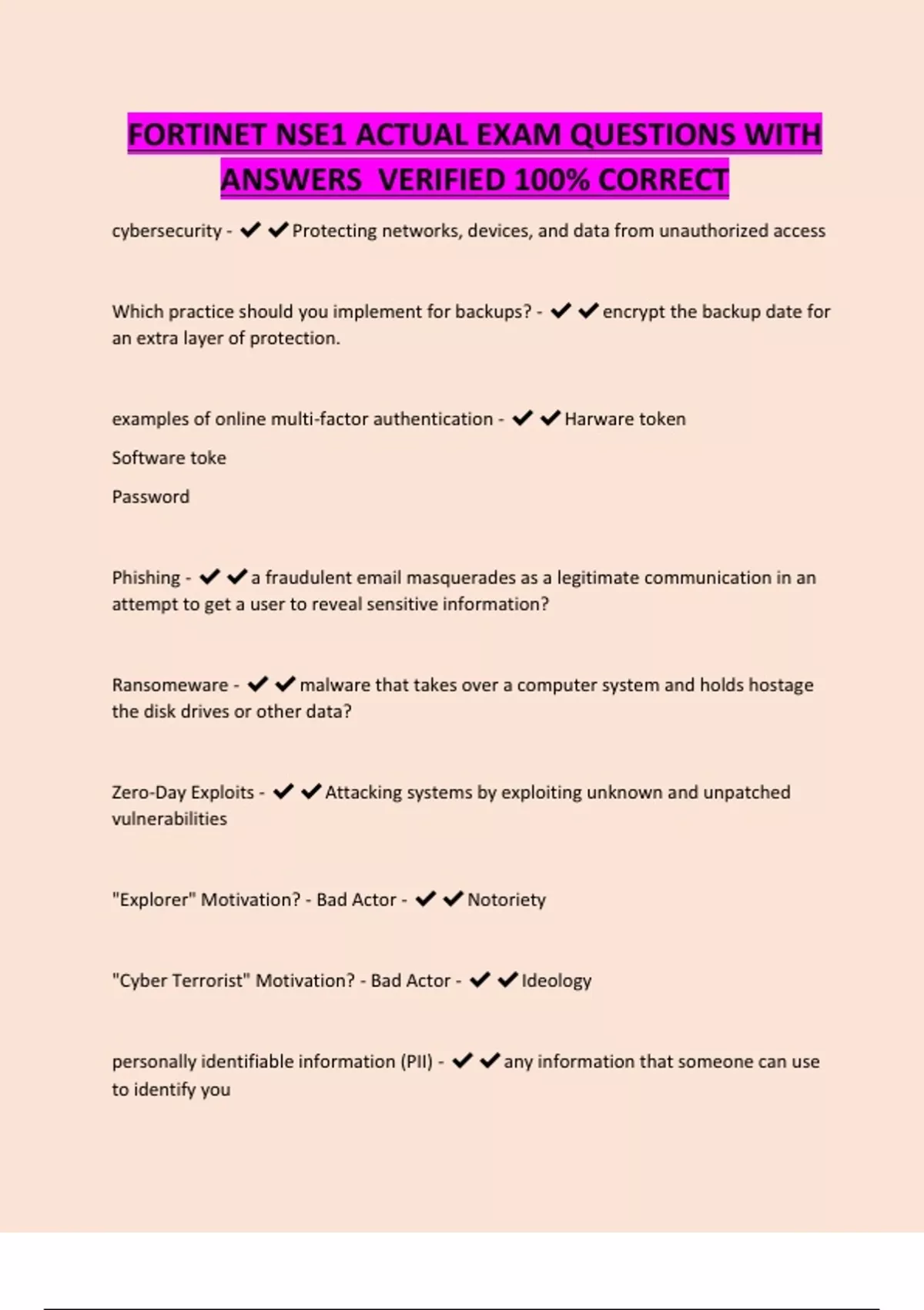 FORTINET NSE1 ACTUAL EXAM QUESTIONS WITH ANSWERS VERIFIED 100% CORRECT ...