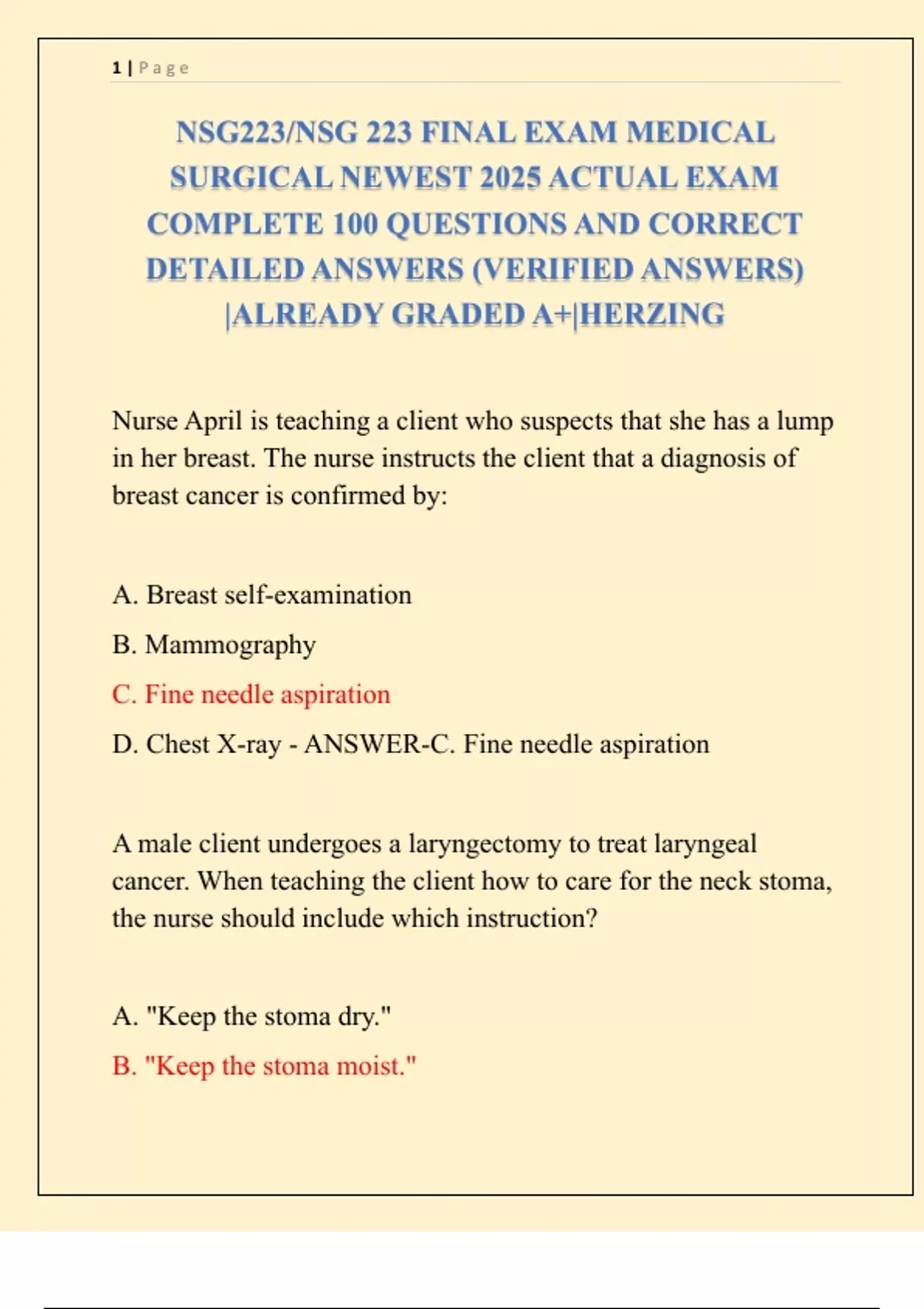NSG223/NSG 223 FINAL EXAM MEDICAL SURGICAL NEWEST 2025 ACTUAL EXAM ...