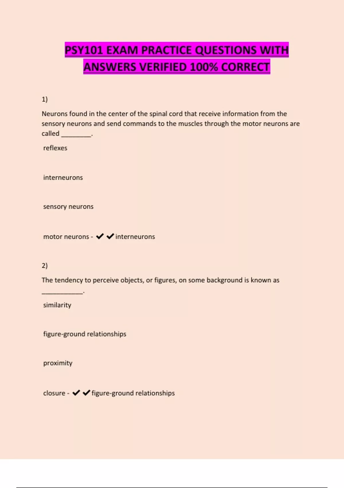 PSY101 EXAM PRACTICE QUESTIONS WITH ANSWERS VERIFIED 100% CORRECT ...