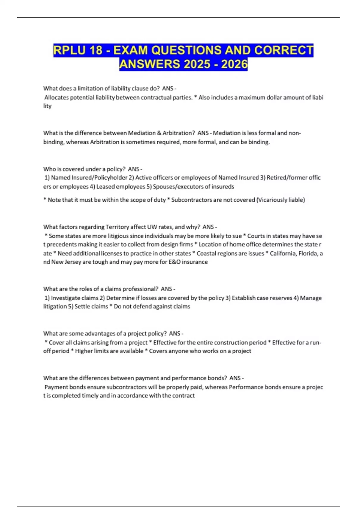 RPLU 18 - EXAM QUESTIONS AND CORRECT ANSWERS - DBIA - Stuvia US