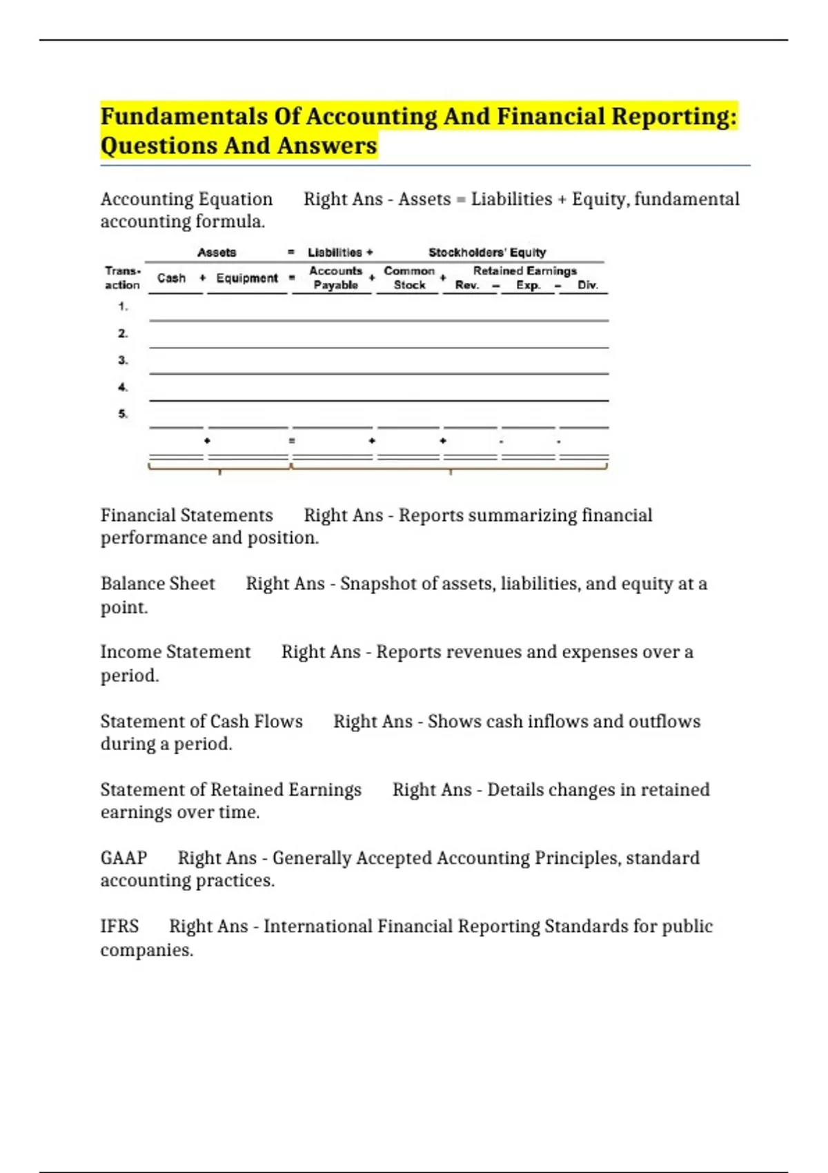 Fundamentals Of Accounting And Financial Reporting: Questions And ...
