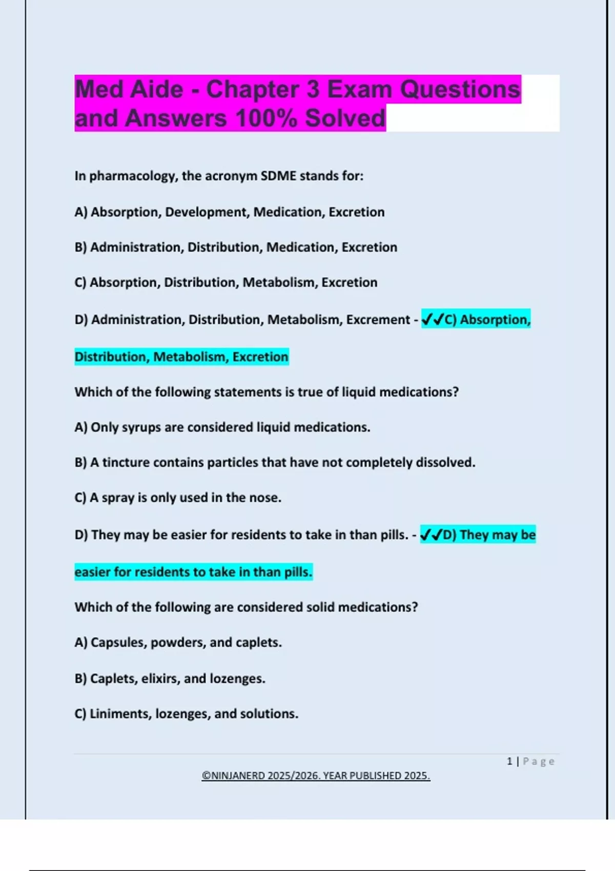 Med3 Complete Example Med Aide - Chapter 3 Exam Questions and Answers 100% Solved - Med Aide ...