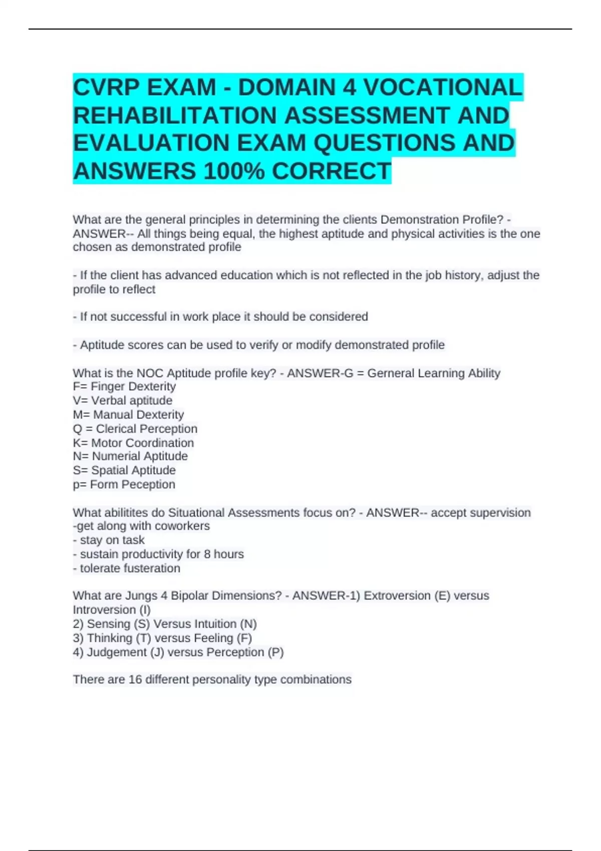 CVRP EXAM - DOMAIN 4 VOCATIONAL REHABILITATION ASSESSMENT AND ...