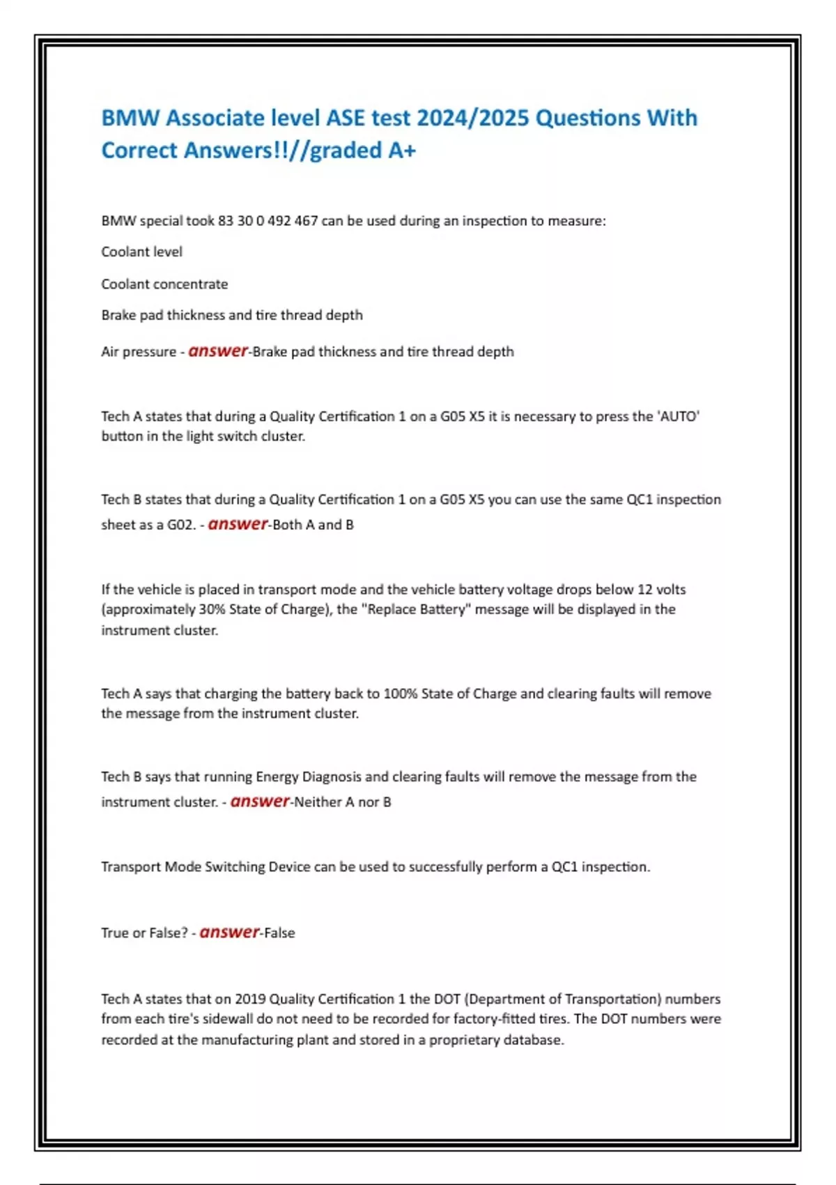 BMW Associate level ASE test 2024/2025 Questions With Correct Answers ...