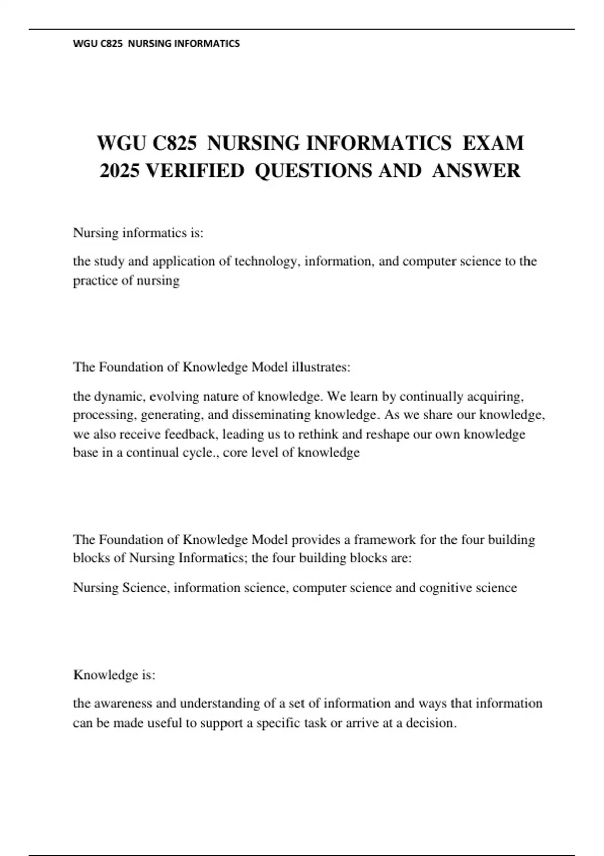 WGU C825 NURSING INFORMATICS EXAM 2025 VERIFIED QUESTIONS AND ANSWER ...