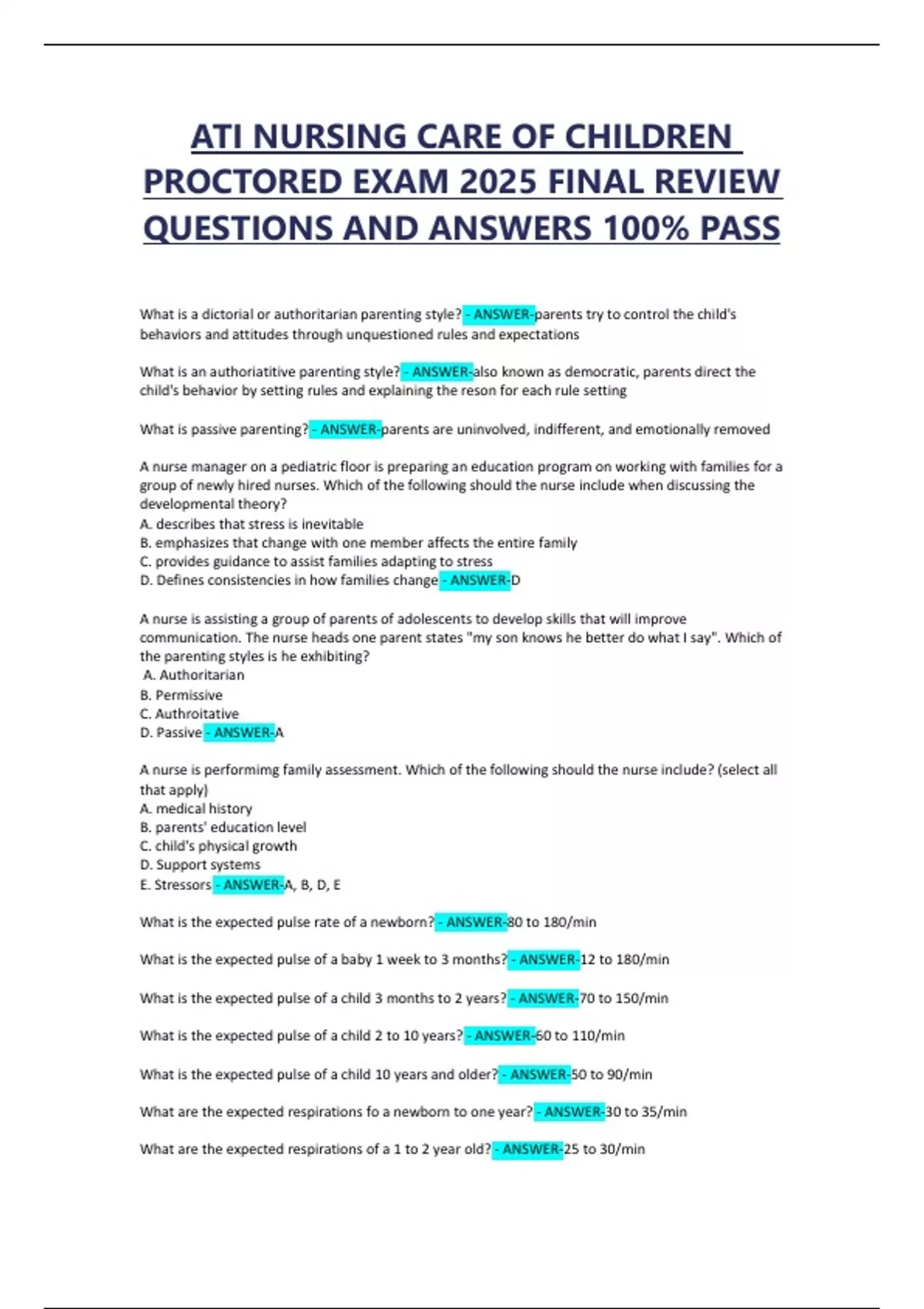ATI NURSING CARE OF CHILDREN PROCTORED EXAM 2025 FINAL REVIEW QUESTIONS ...