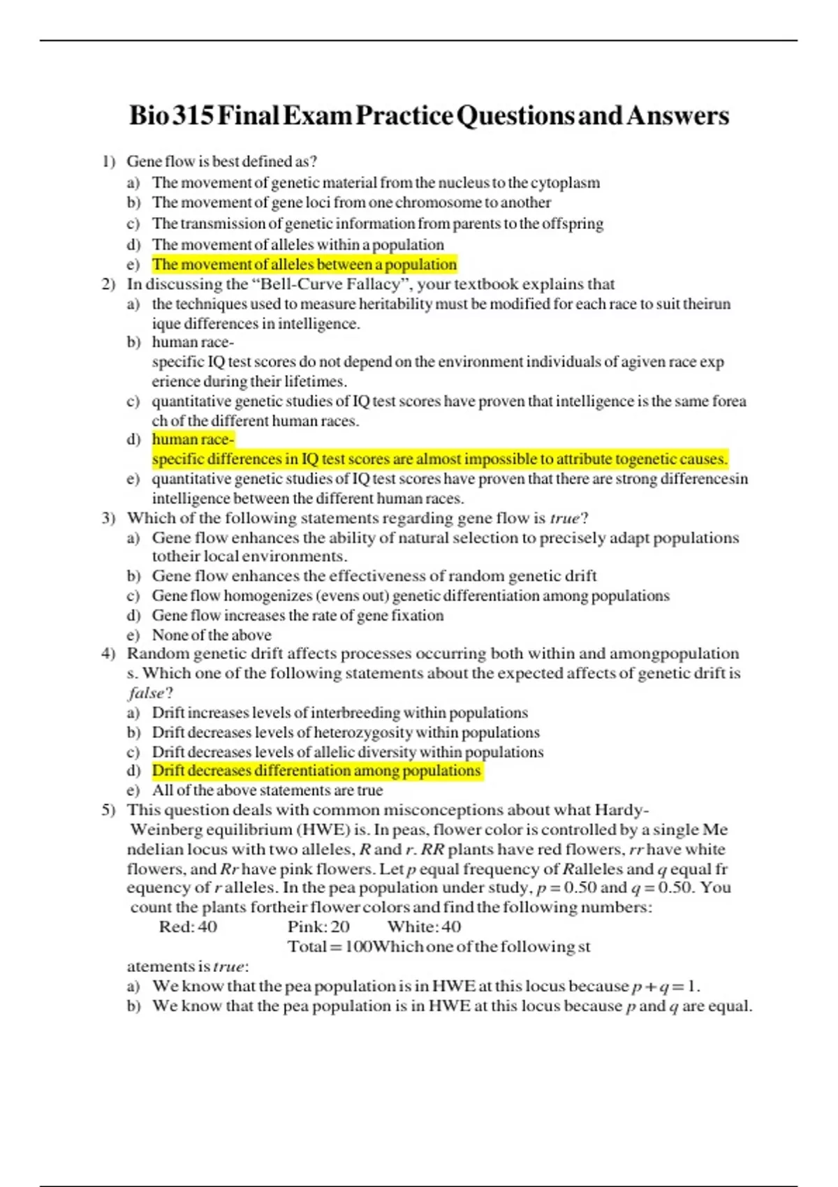 Bio 315 final questions with complete solutions - Bio 315 - Stuvia US