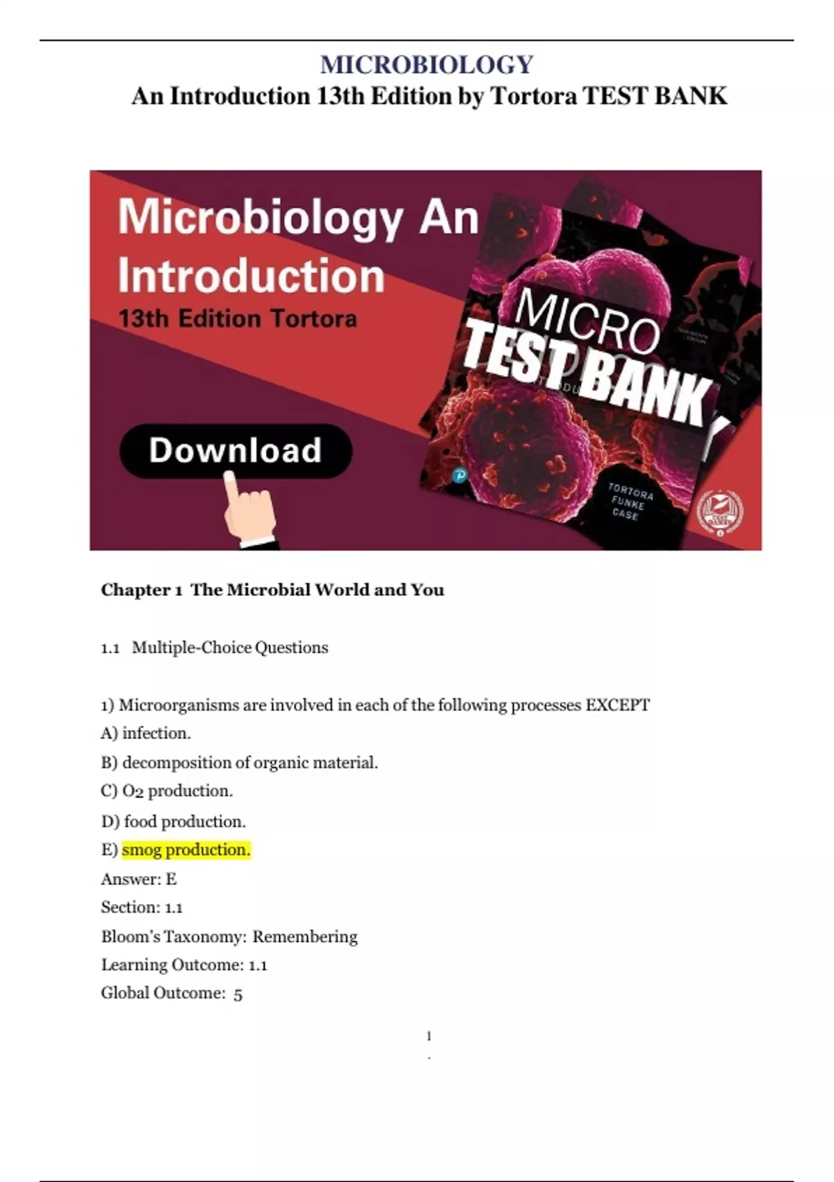Test Bank for MICROBIOLOGY An Introduction 13th Edition by Tortora All ...