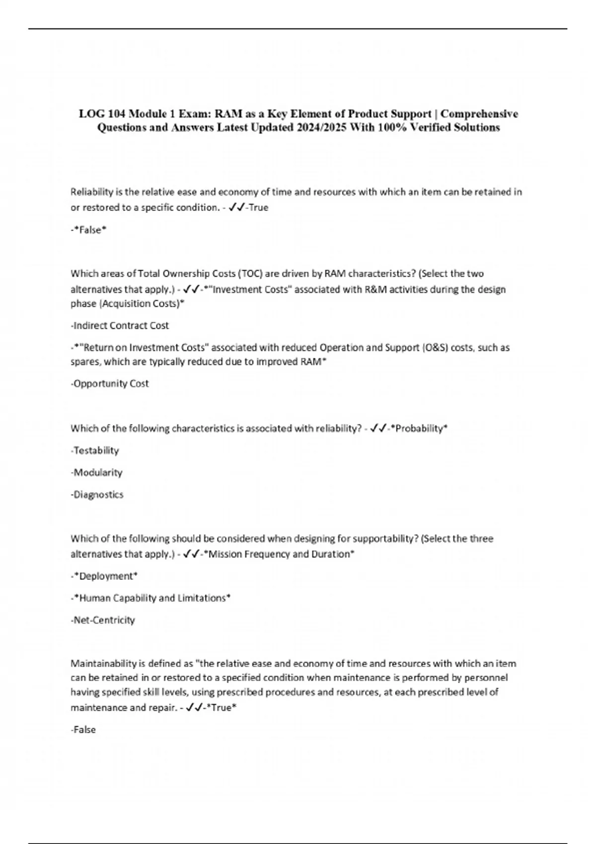 LOG 104 Module 1 Exam: RAM as a Key Element of Product Support ...