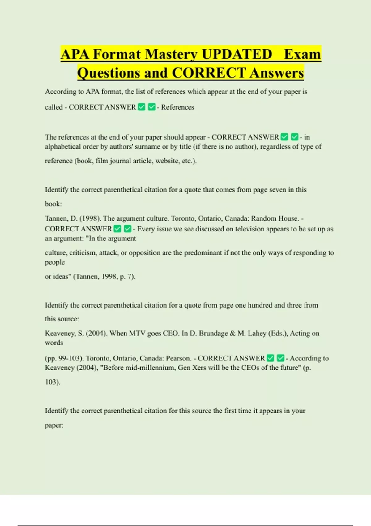 APA Format Mastery UPDATED Exam Questions and CORRECT Answers - APA ...