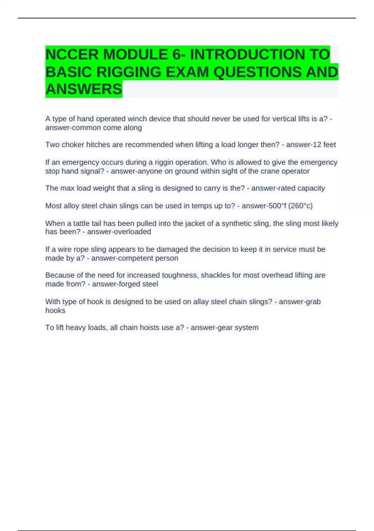 Nccer Module 6 Introduction To Basic Rigging Exam Questions And