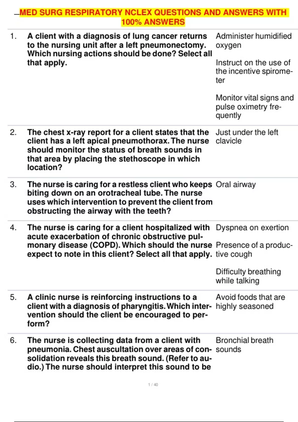 MED SURG RESPIRATORY NCLEX QUESTIONS AND ANSWERS WITH 100% ANSWERS ...