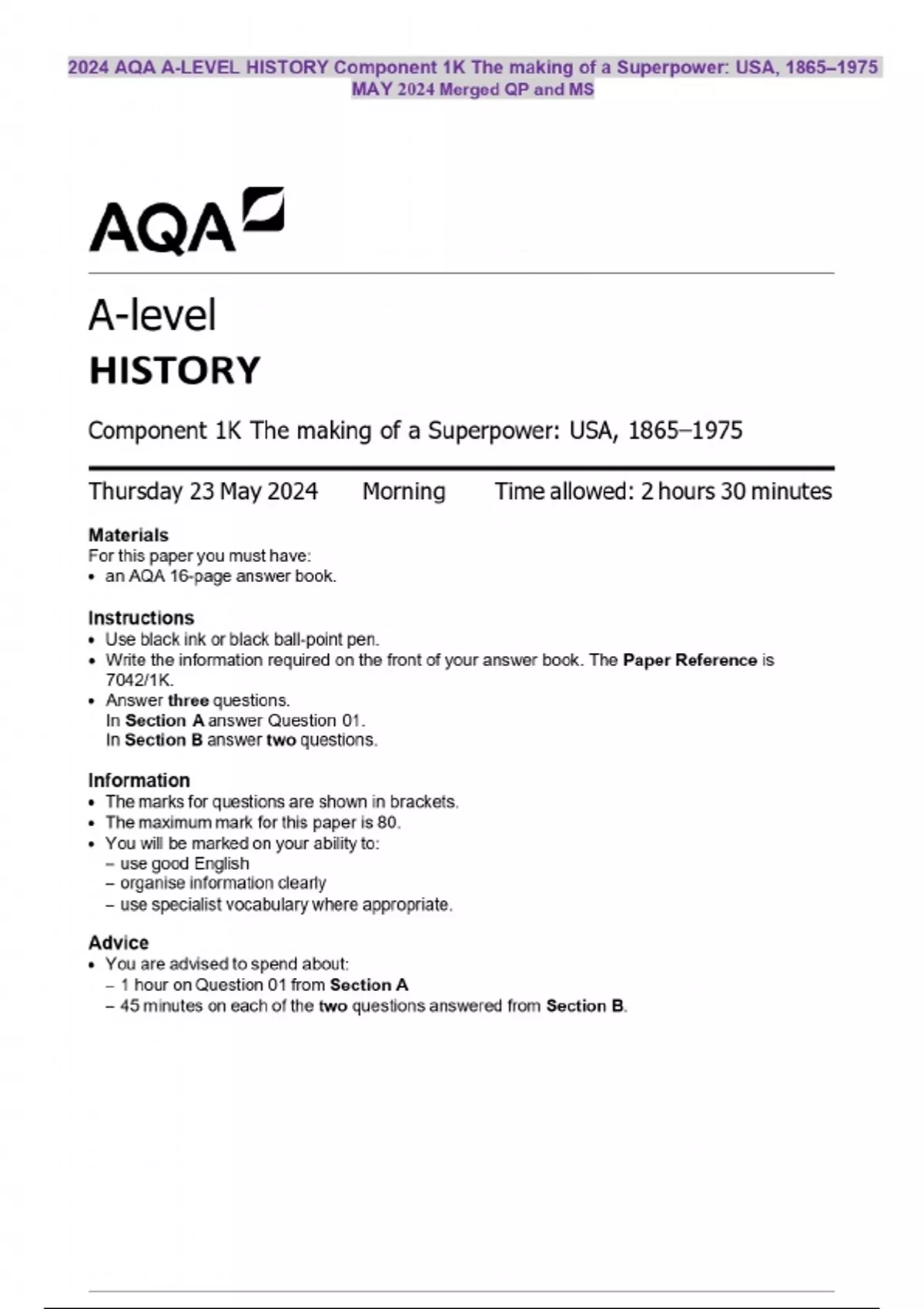 2024 AQA A-LEVEL HISTORY Component 1K The making of a Superpower: USA ...