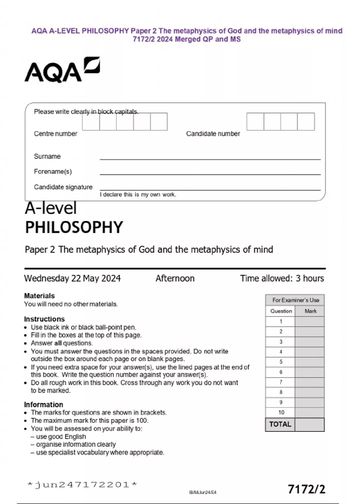 AQA A-LEVEL PHILOSOPHY Paper 2 The metaphysics of God and the ...