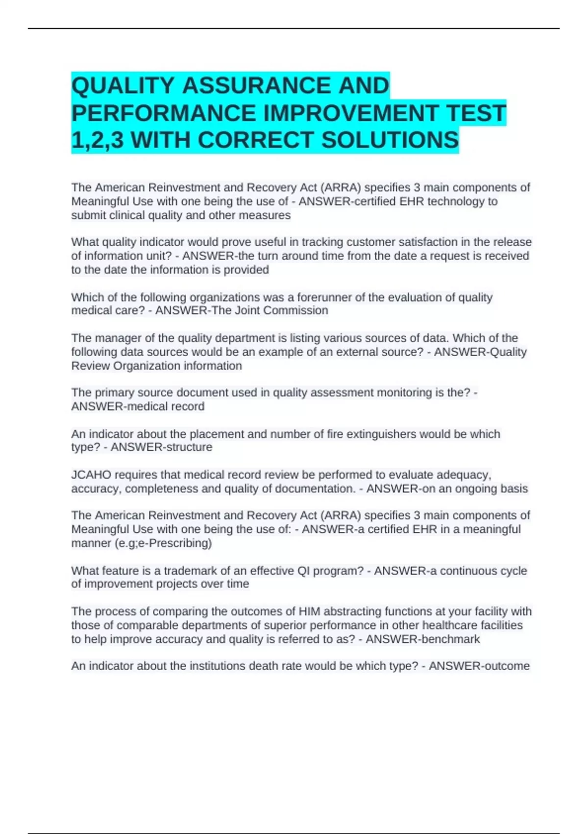 QUALITY ASSURANCE AND PERFORMANCE IMPROVEMENT TEST 1,2,3 WITH CORRECT ...