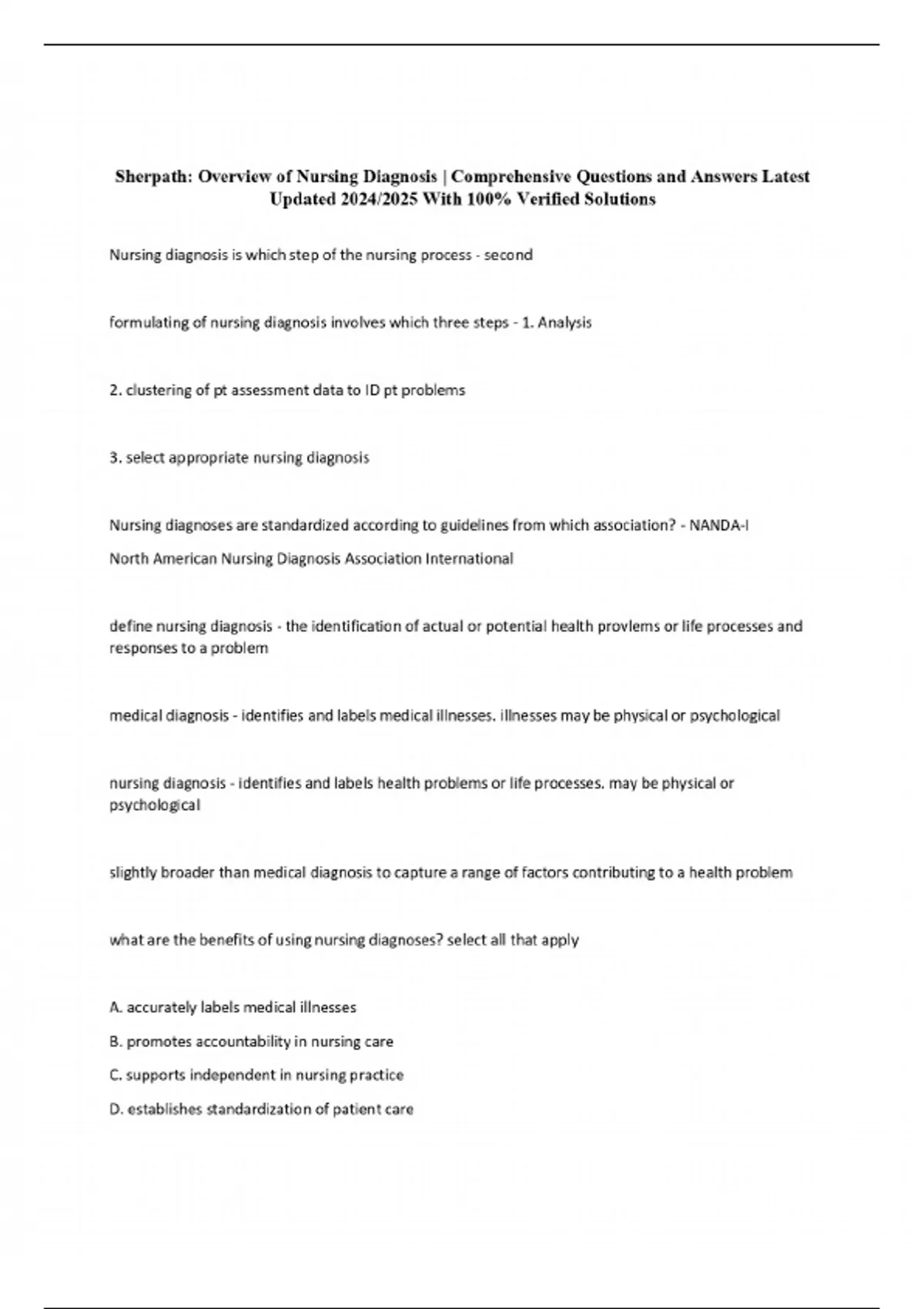 Sherpath: Overview of Nursing Diagnosis | Comprehensive Questions and ...