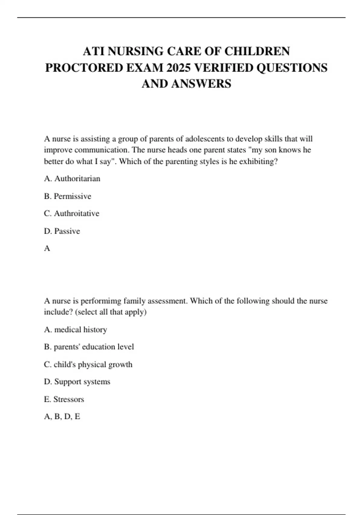 ATI NURSING CARE OF CHILDREN PROCTORED EXAM 2025 VERIFIED QUESTIONS AND ...